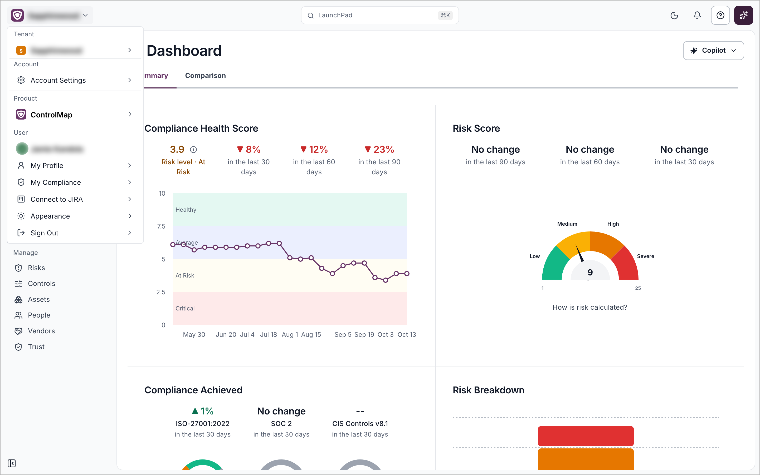 The open account menu with the Tenant, Account, Product and User sections