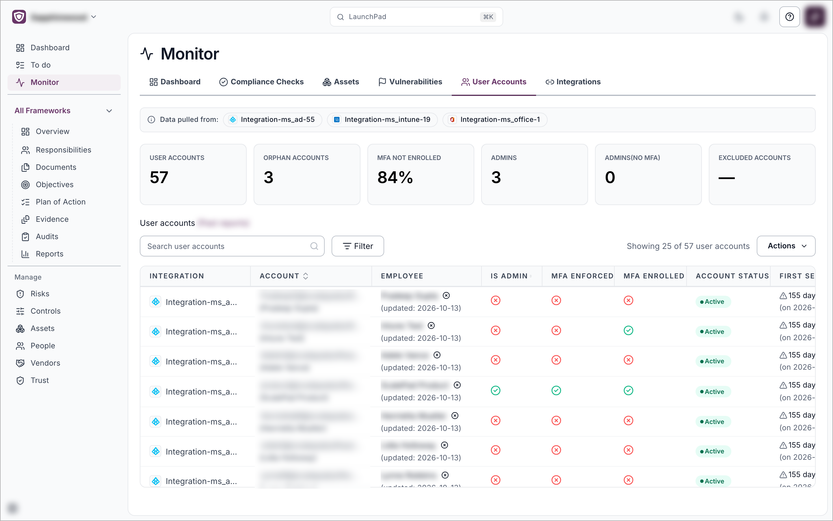 The User Accounts tab showing summary tiles, search, Filter, the Actions menu and the table of user accounts
