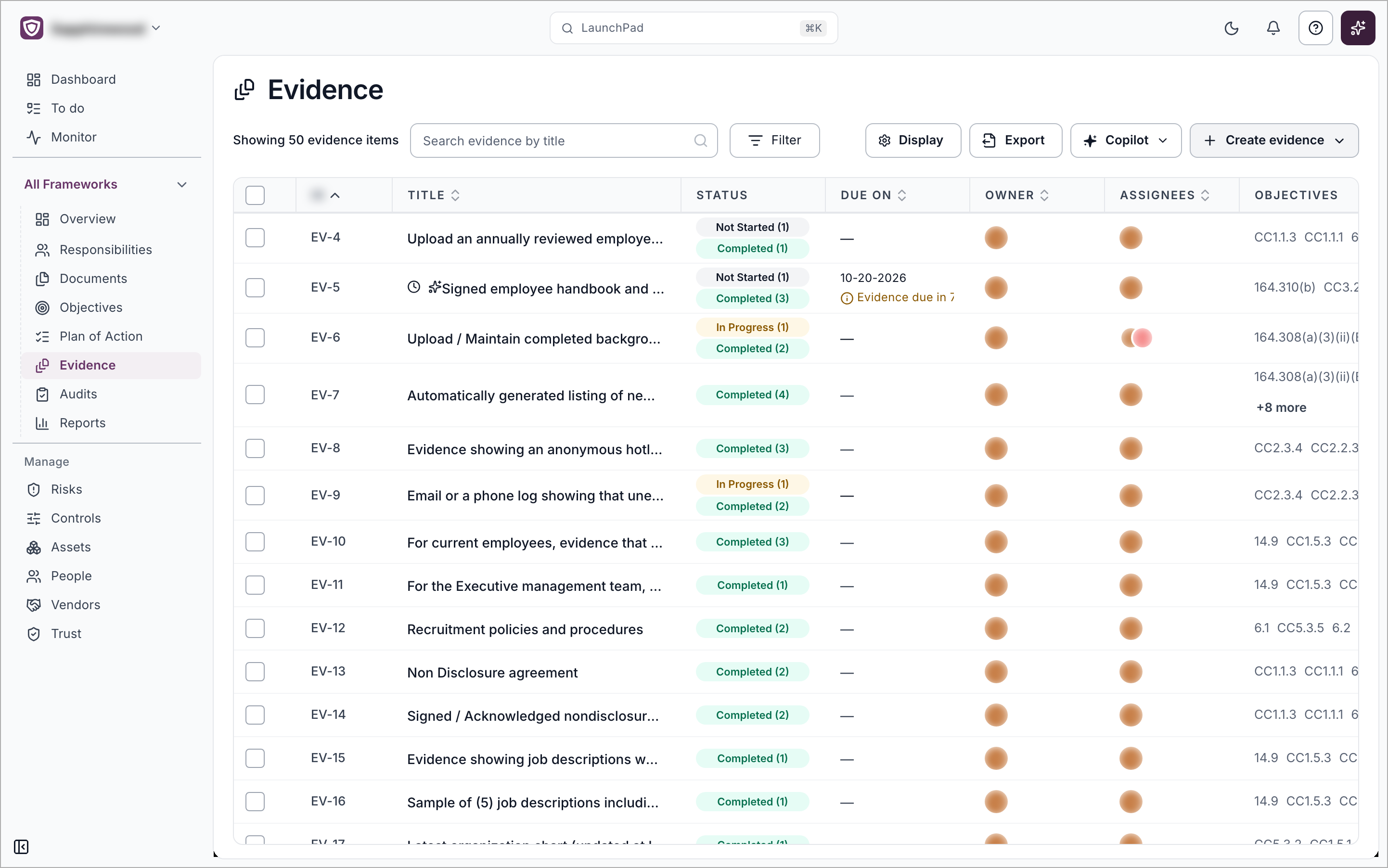 The Evidence page in list view, with one row per evidence item
