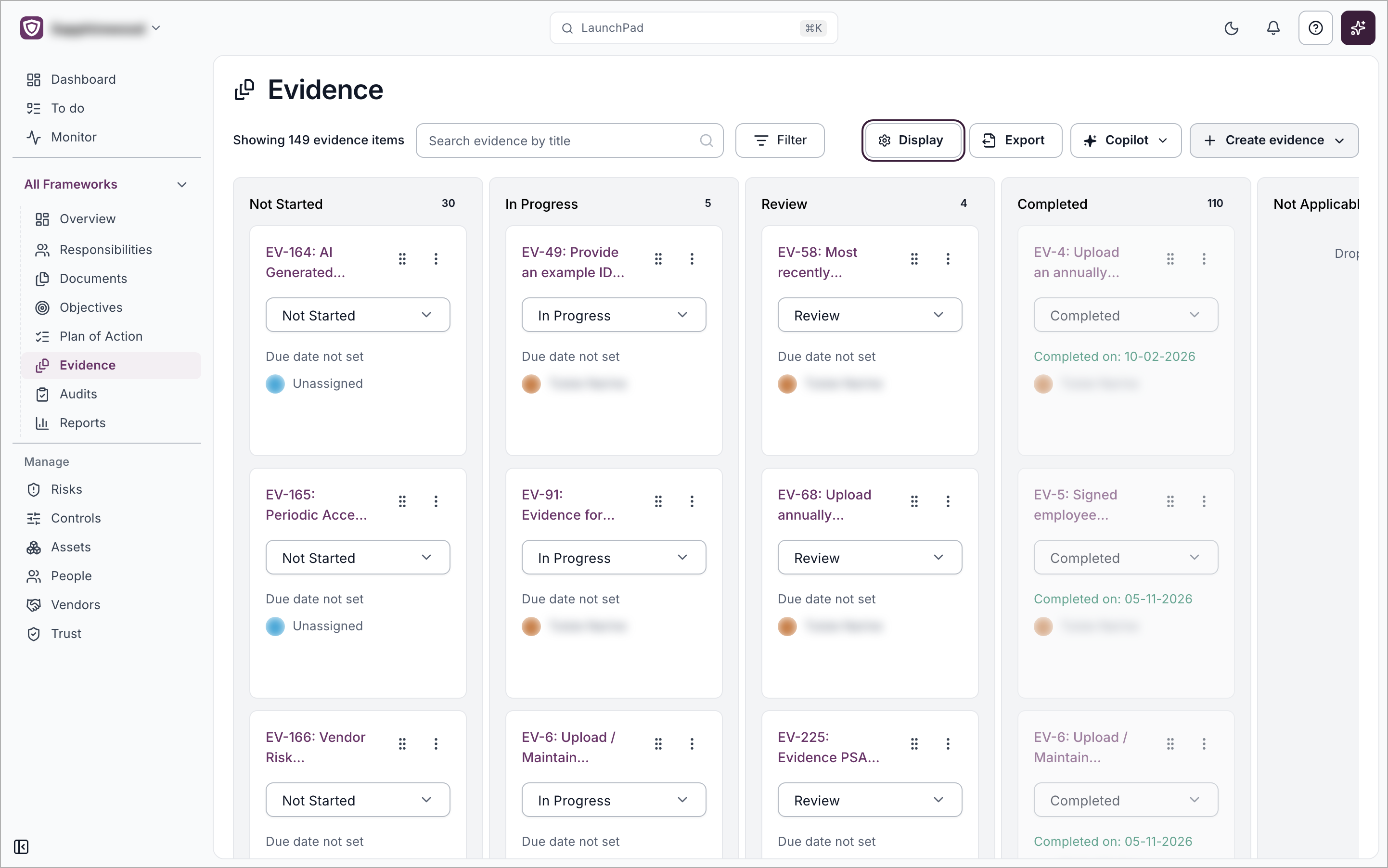 The Evidence page in Kanban view, with one column per status
