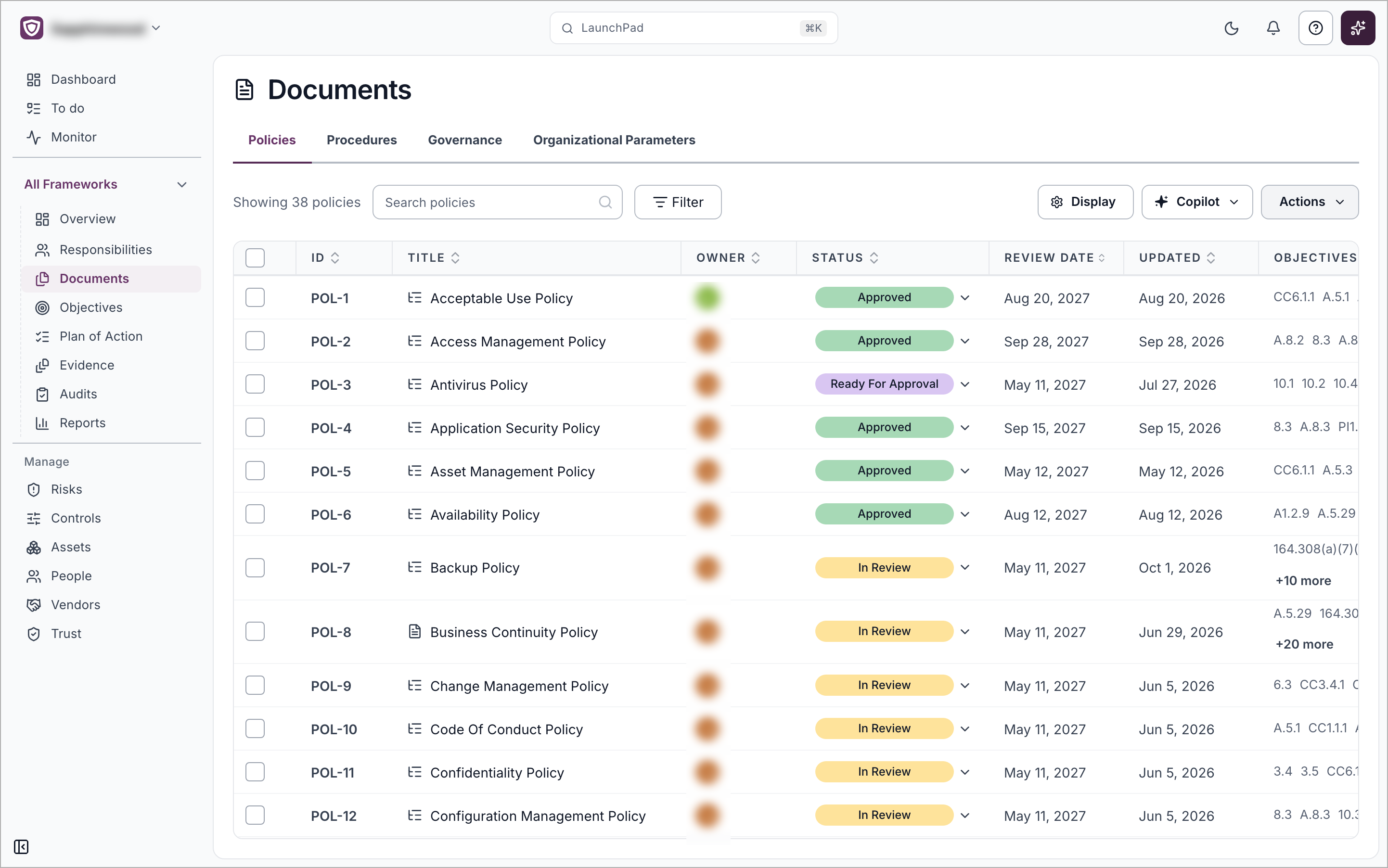 The Policies tab of Documents, listing policies with their owner, status, review date and linked objectives
