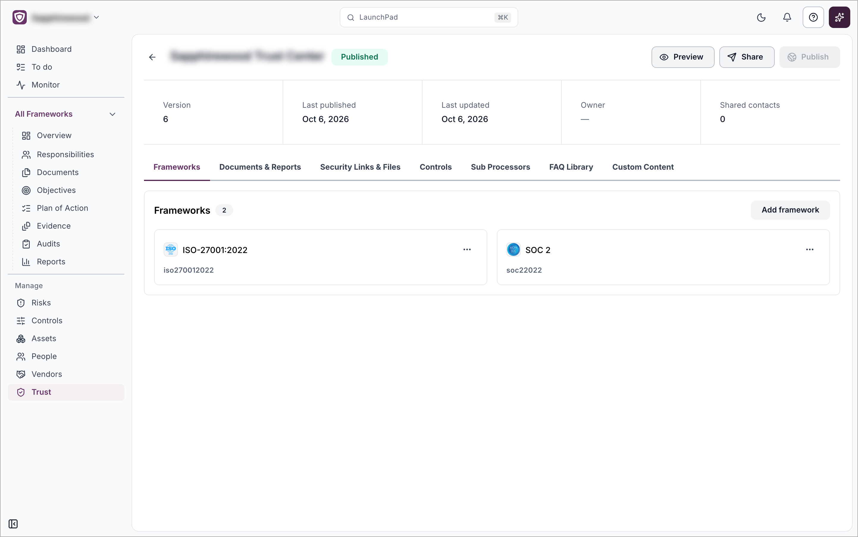 A trust center page showing the summary row, the content tabs and the Frameworks tab