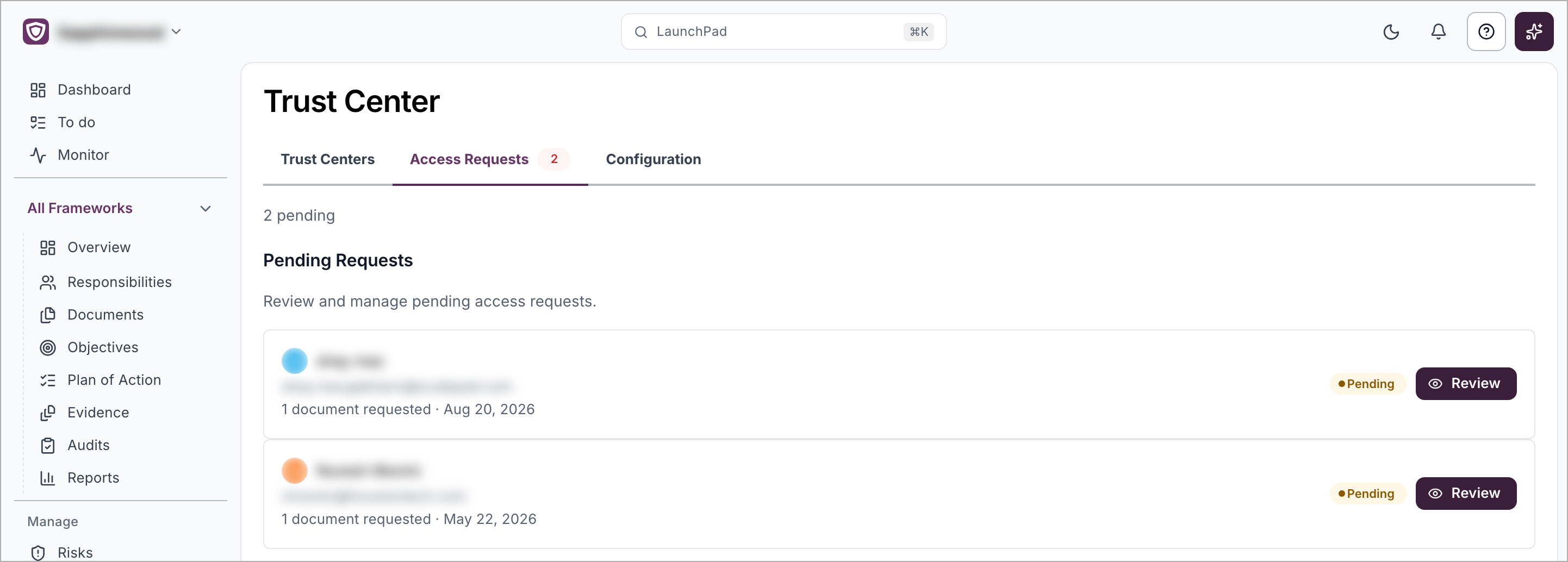 The Access Requests tab with pending requests and past requests
