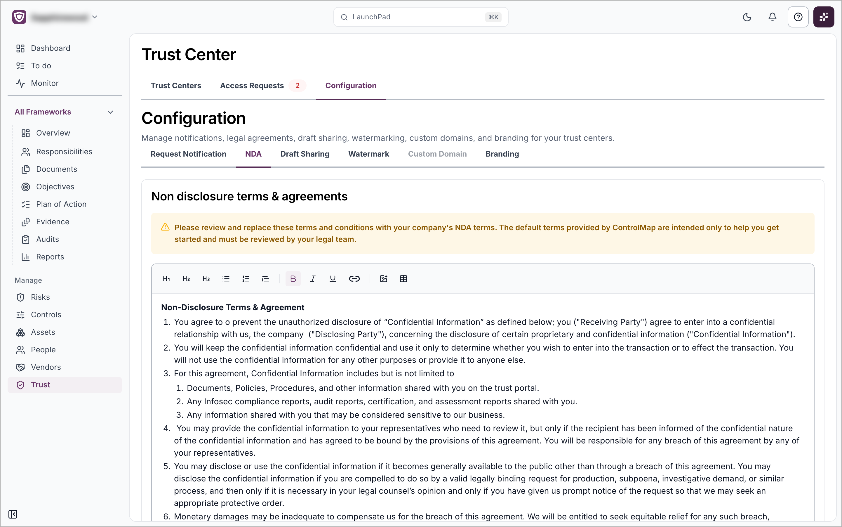 The NDA tab in Configuration with the terms editor