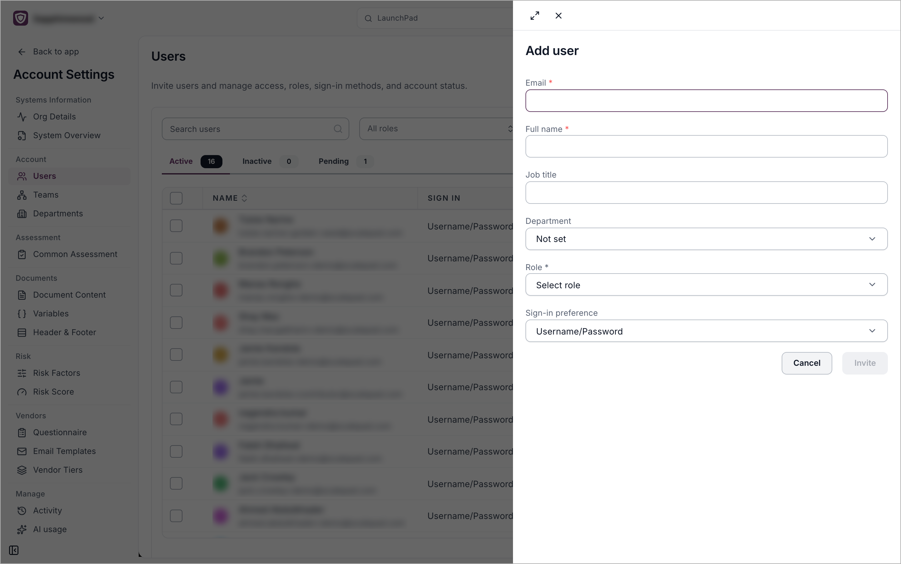 The Add user panel with the Email, Full name, Job title, Department, Role and Sign-in preference fields, and the Cancel and Invite buttons