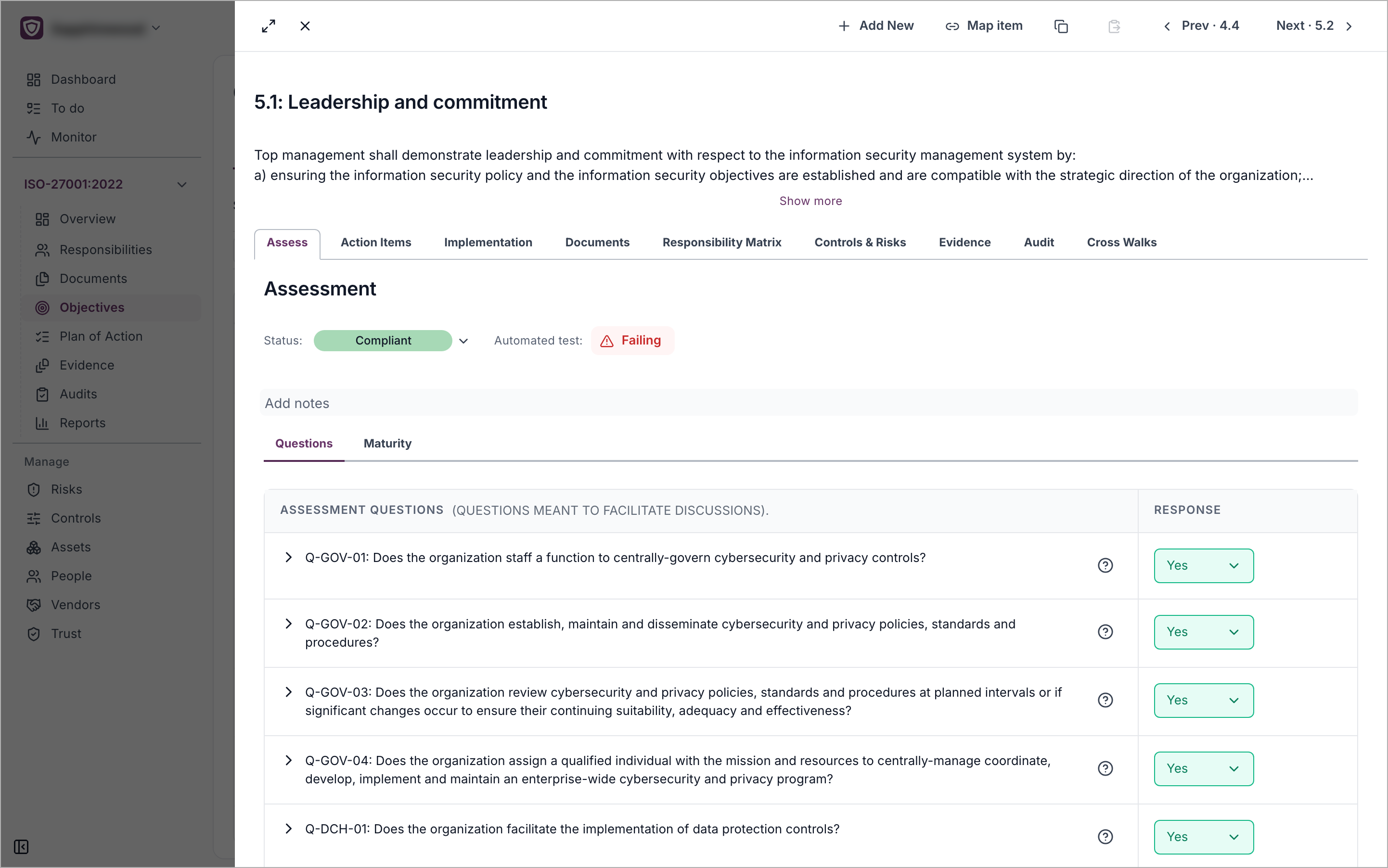 An objective opened in a side panel on the Assess tab, showing its status, notes and assessment questions