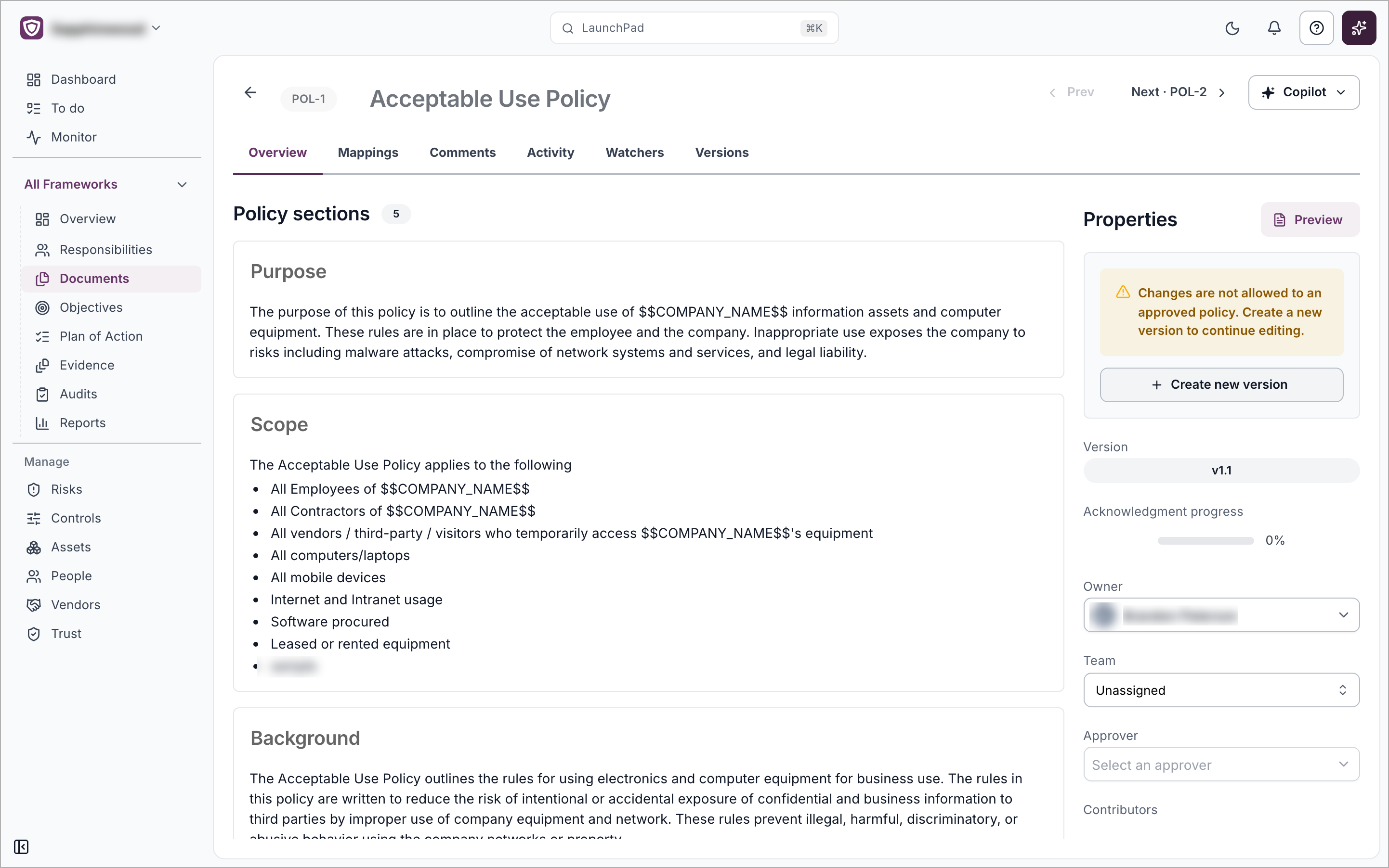 An approved policy opened on its Overview tab, with policy sections on the left and the Properties panel on the right