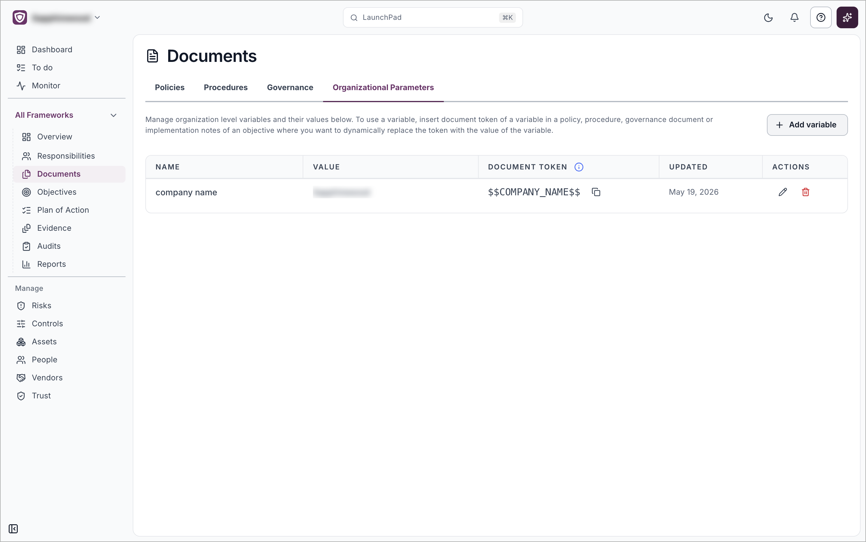 The Organizational Parameters tab, listing a variable with its name, value and document token