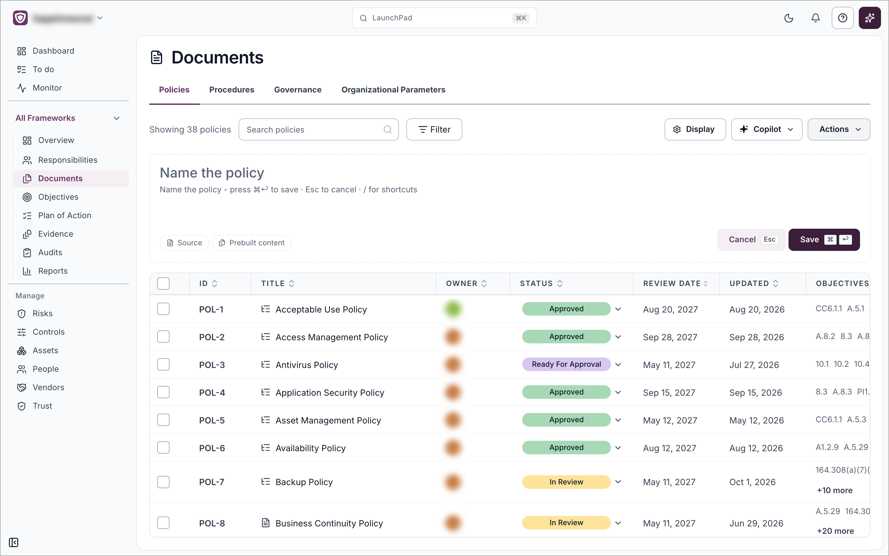The form for naming a new policy, shown above the policy list, with Source and Prebuilt content options and Cancel and Save buttons