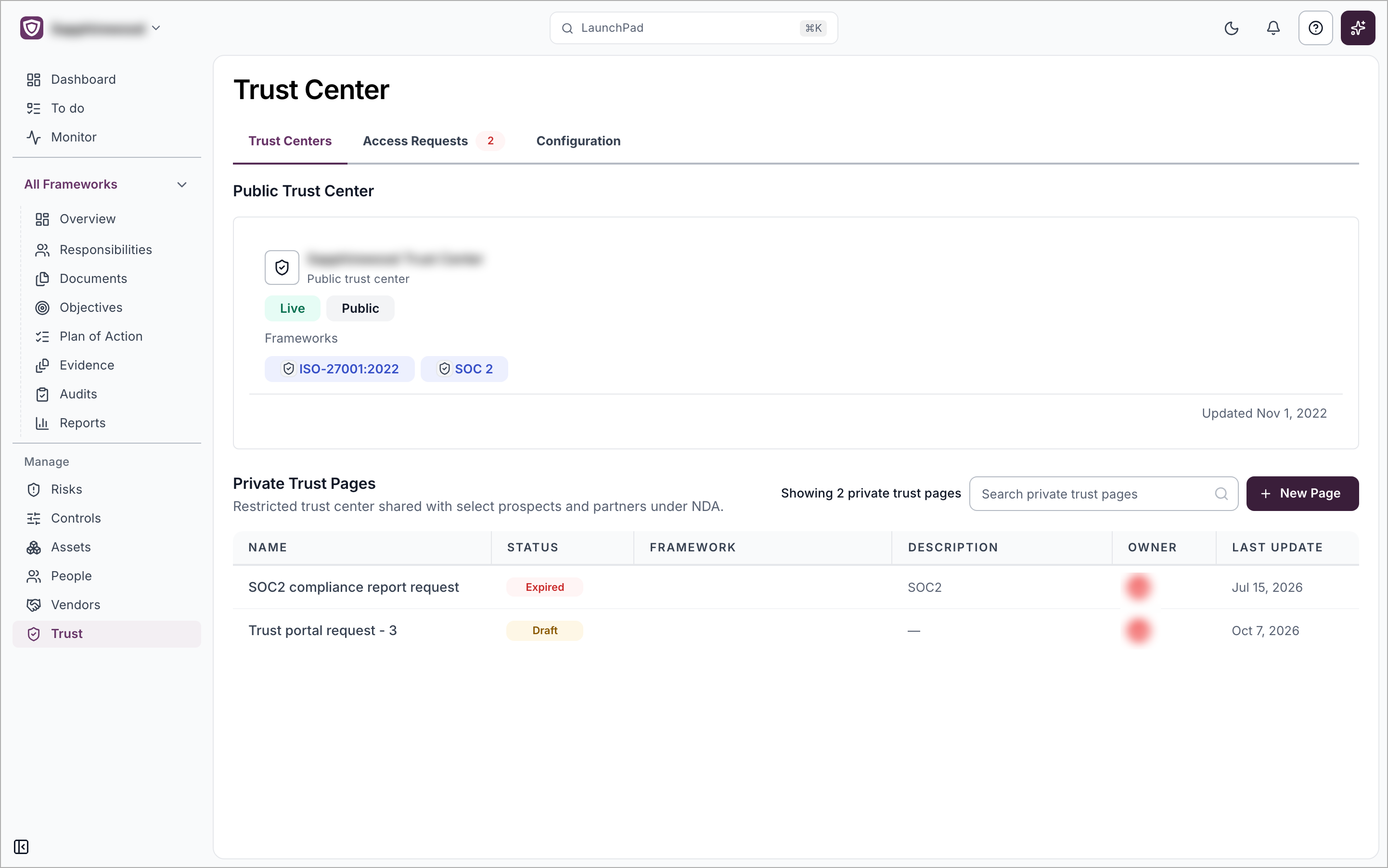 The Trust Centers tab showing the Public Trust Center card and the table of Private Trust Pages