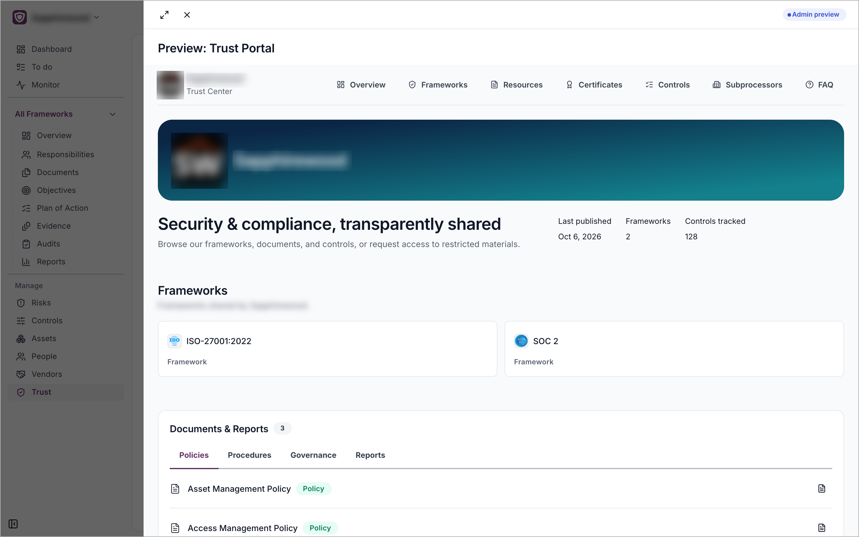The preview drawer showing a trust center as a visitor would see it