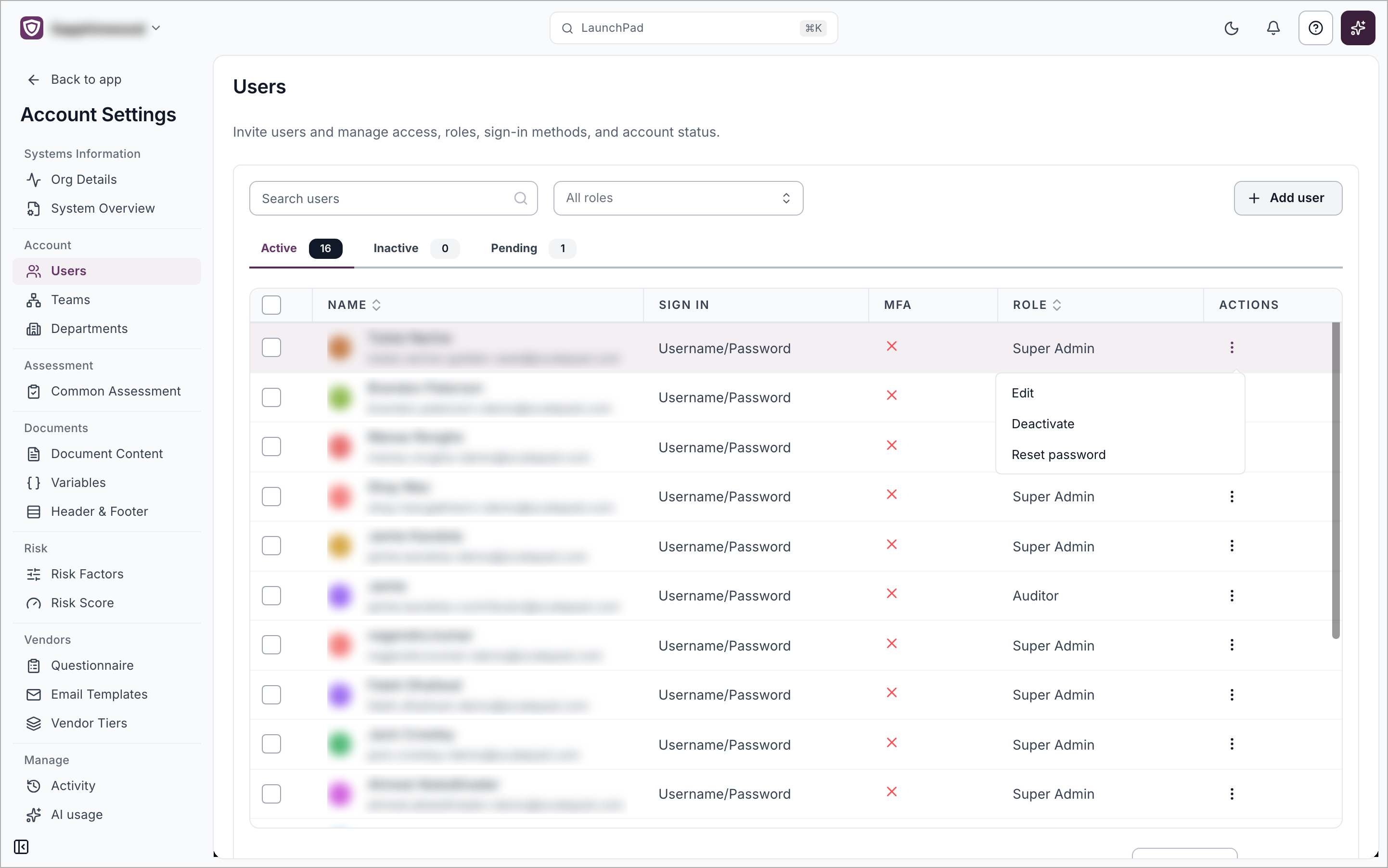The actions menu open on a row in the Active tab, showing Edit, Deactivate and Reset password