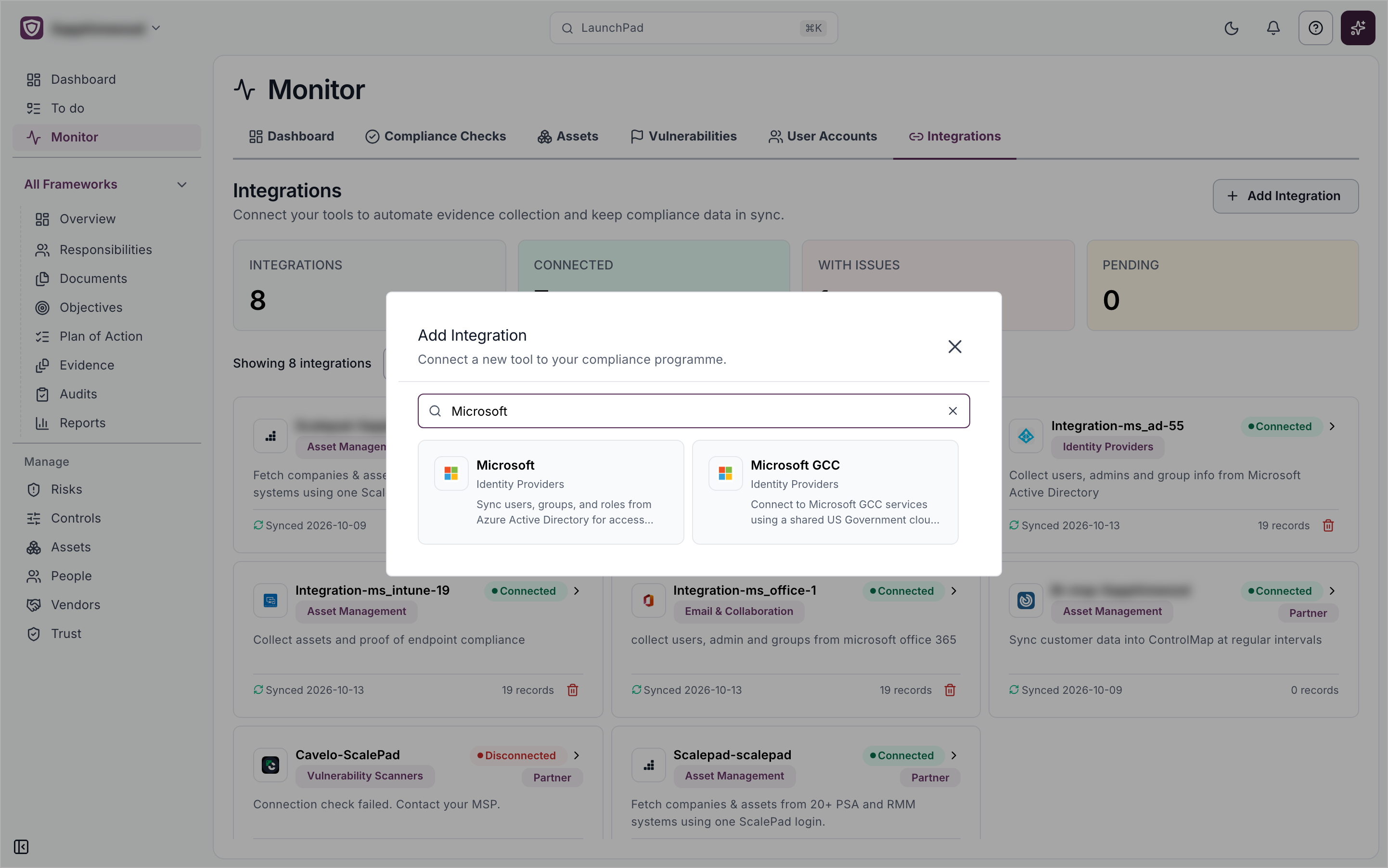 The Add Integration window with Microsoft and Microsoft GCC cards