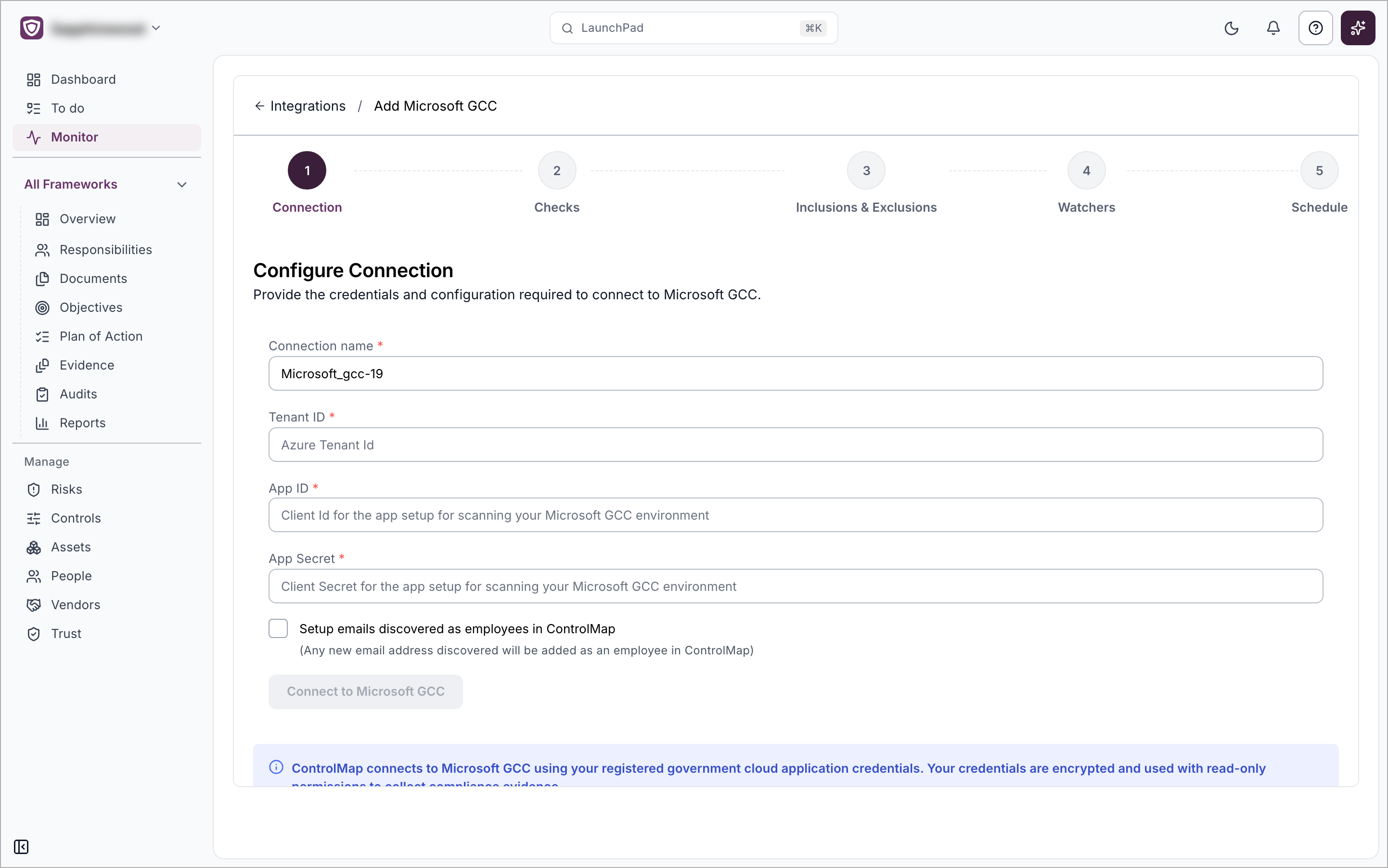 The Microsoft GCC setup page, Connection step, with the Connection name, Tenant ID, App ID and App Secret fields