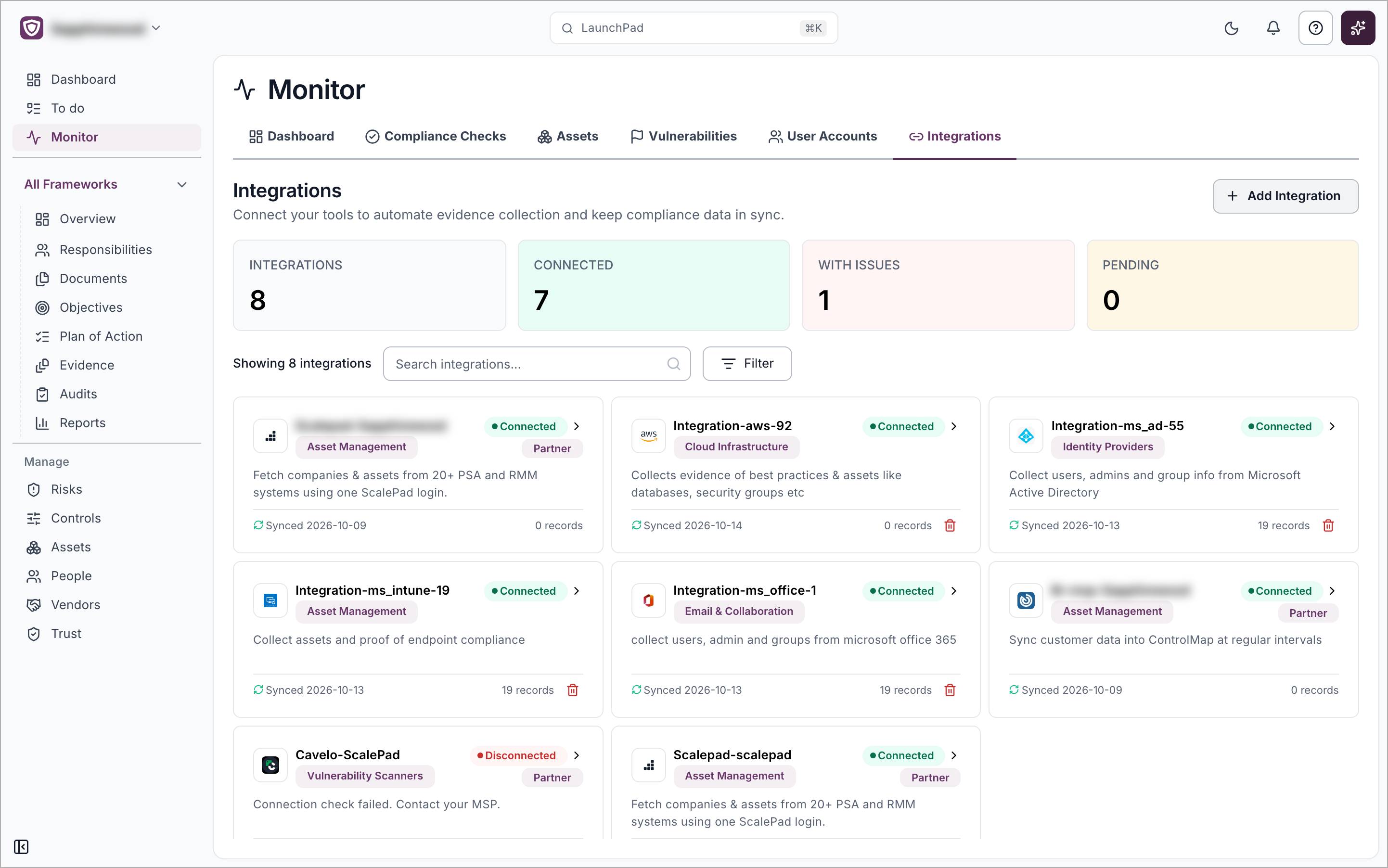 The Integrations tab in Monitor with the four tiles, search box, Filter menu and a card for each connection