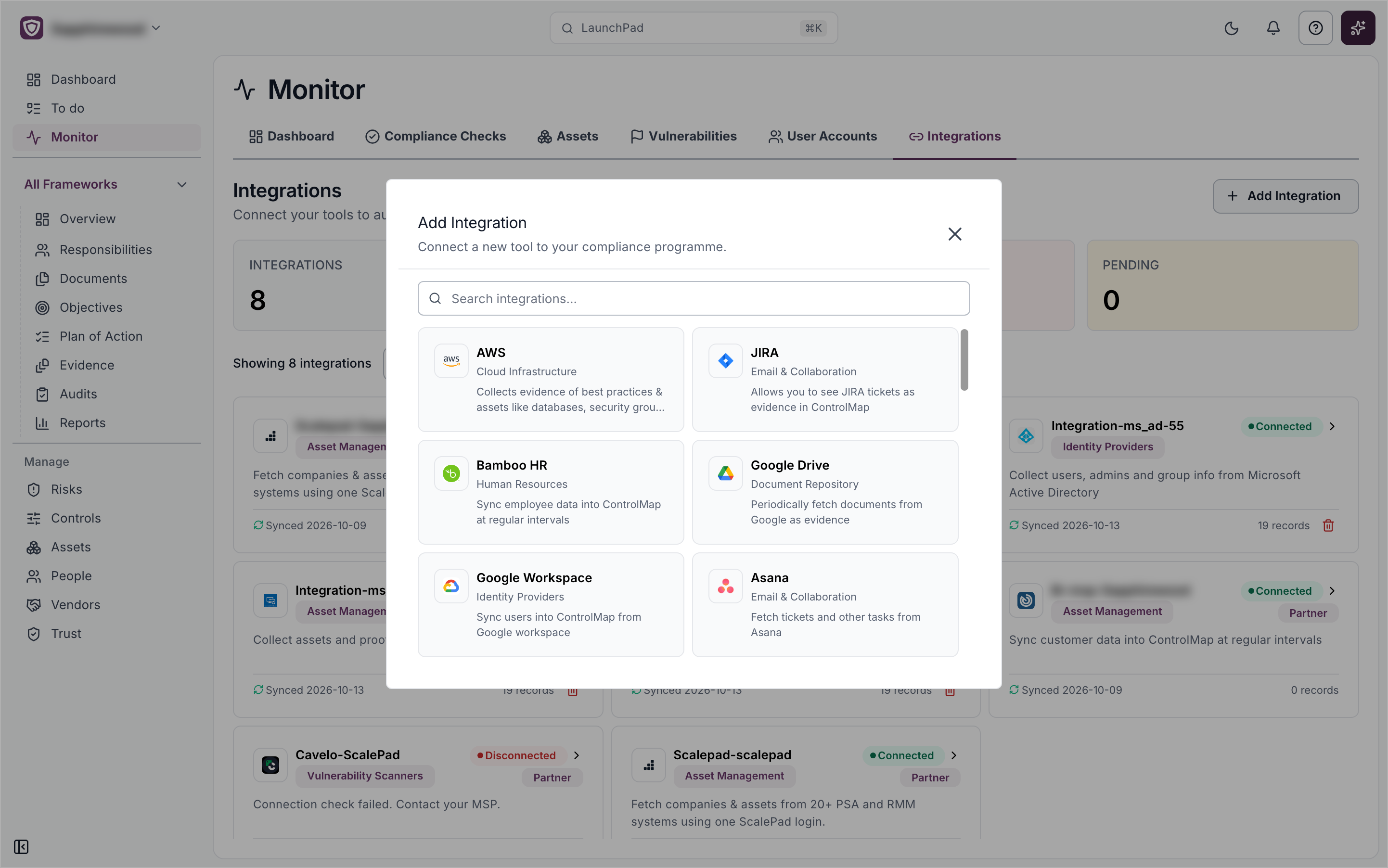 The Add Integration window with a search box and a card for each available tool