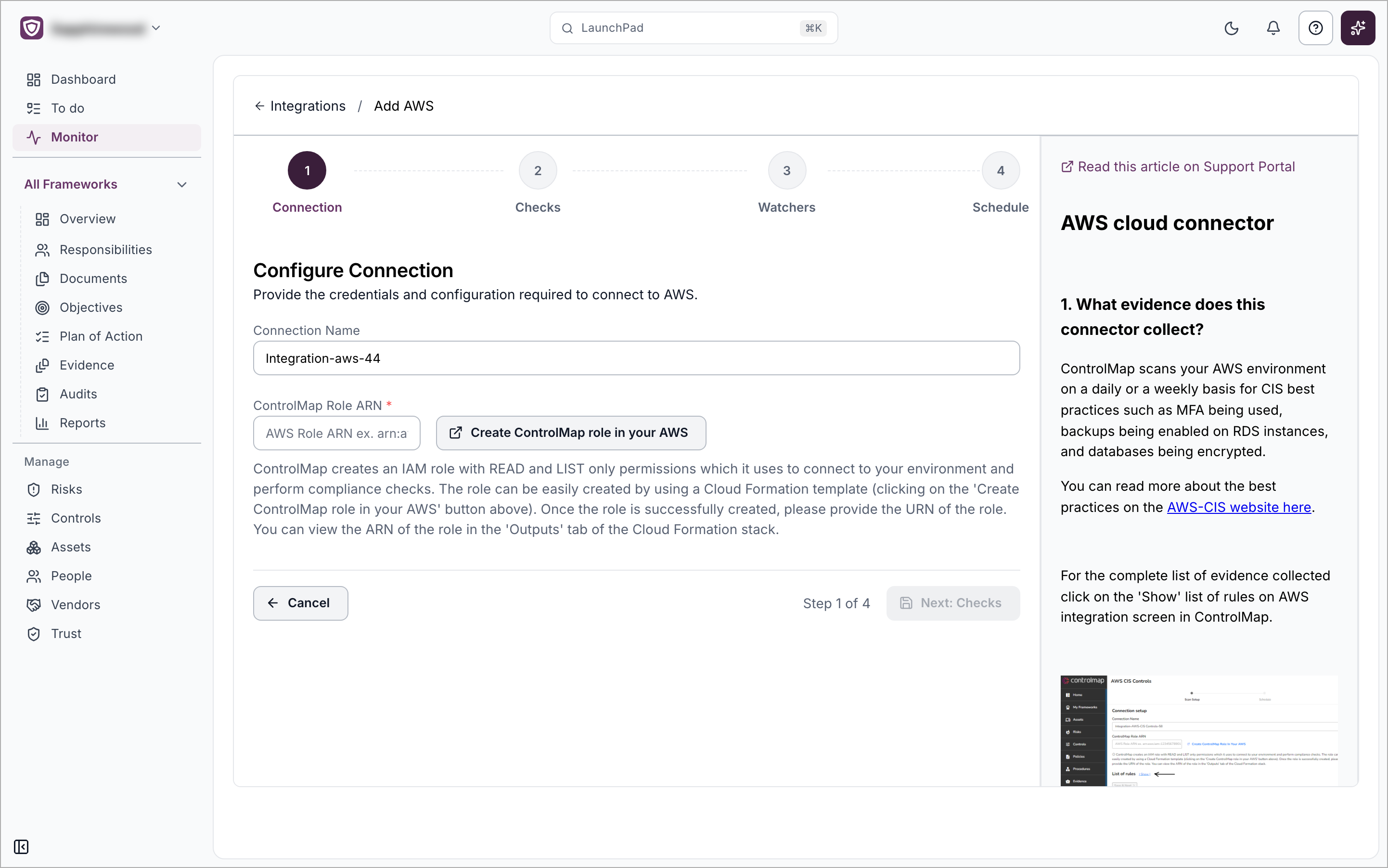 The Add AWS setup page on the Connection step, with the four steps along the top and a help panel on the right