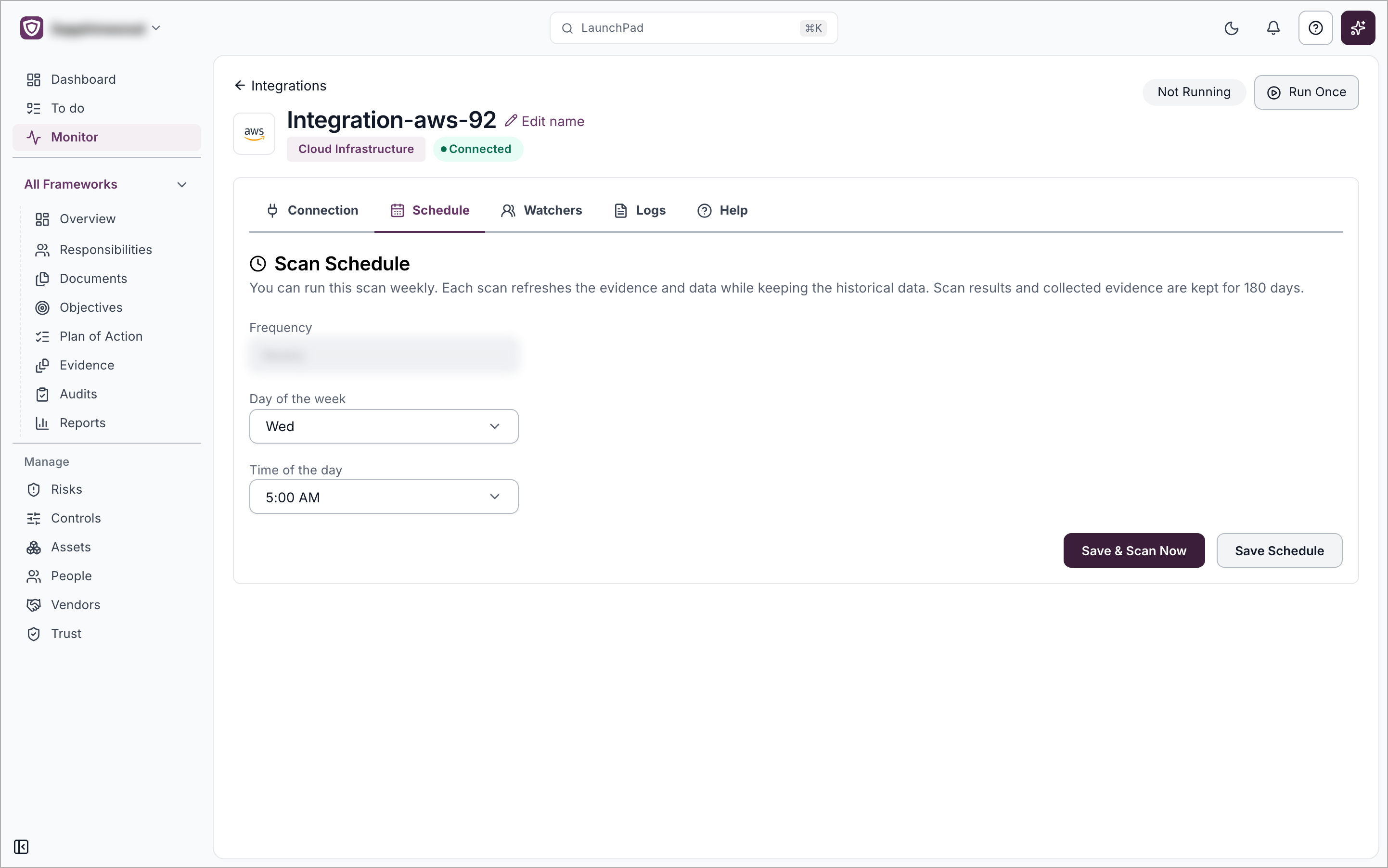 The Schedule tab of a connection with the Day of the week and Time of the day fields and the Save & Scan Now and Save Schedule buttons