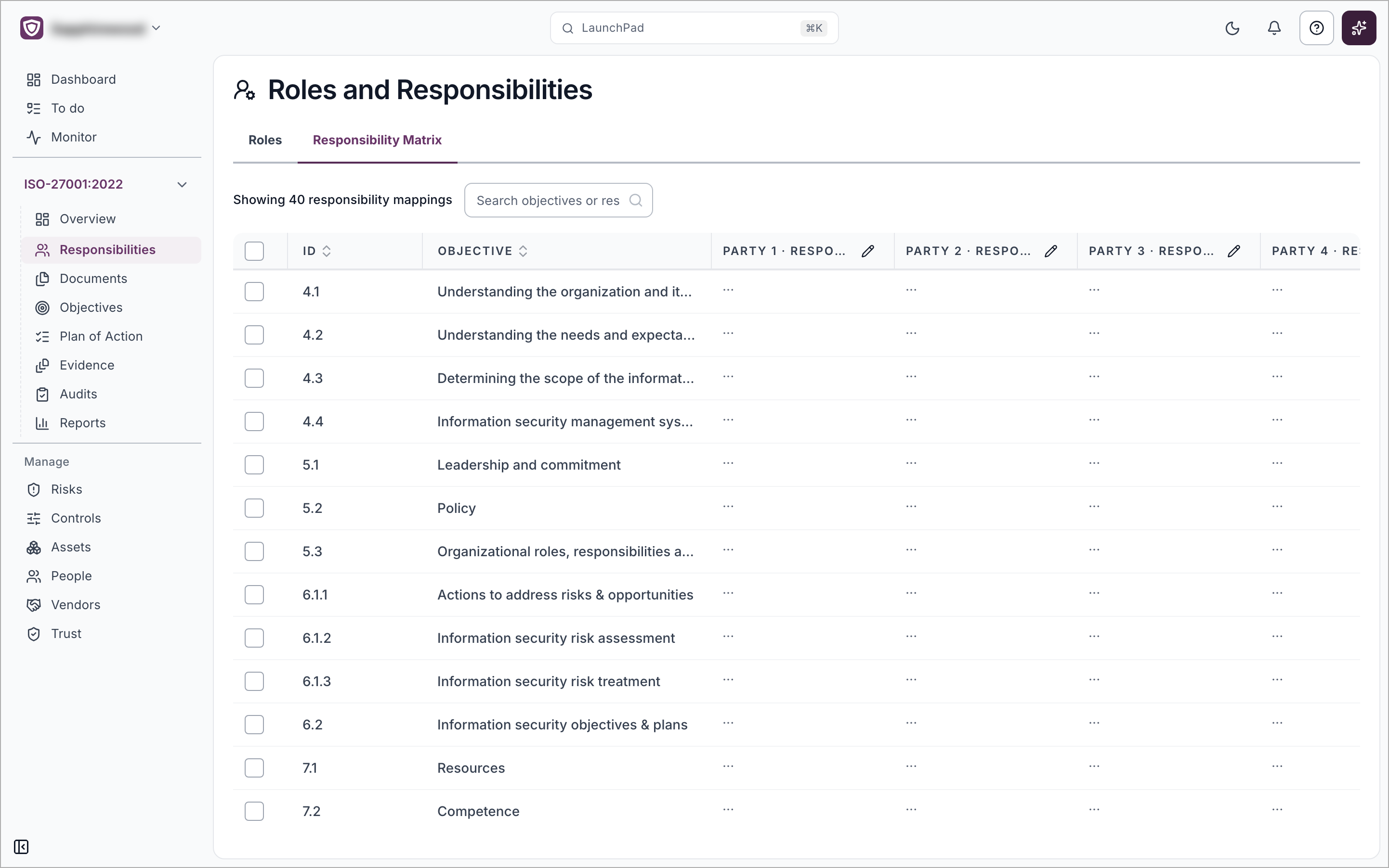 The Responsibility Matrix tab with objectives in rows and party columns