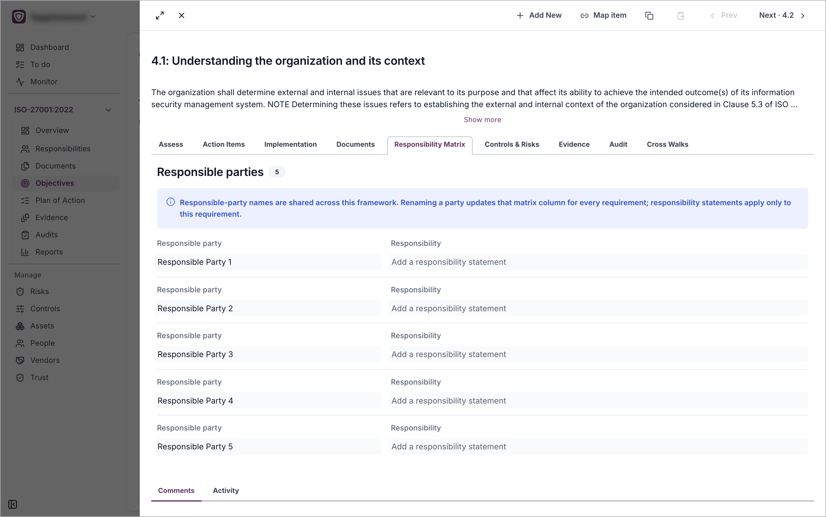 An objective's Responsibility Matrix tab listing five responsible parties and their responsibility fields