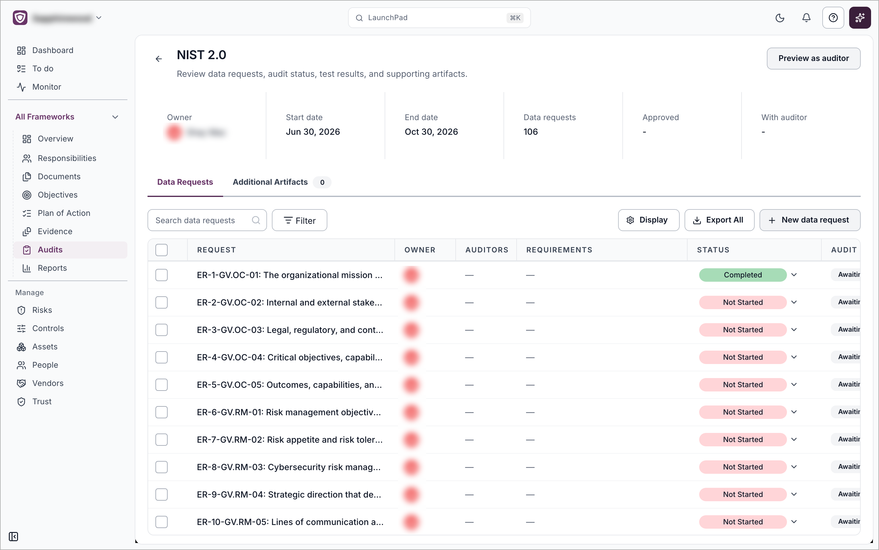 An open audit showing the summary strip, the Data Requests and Additional Artifacts tabs, and a table of data requests