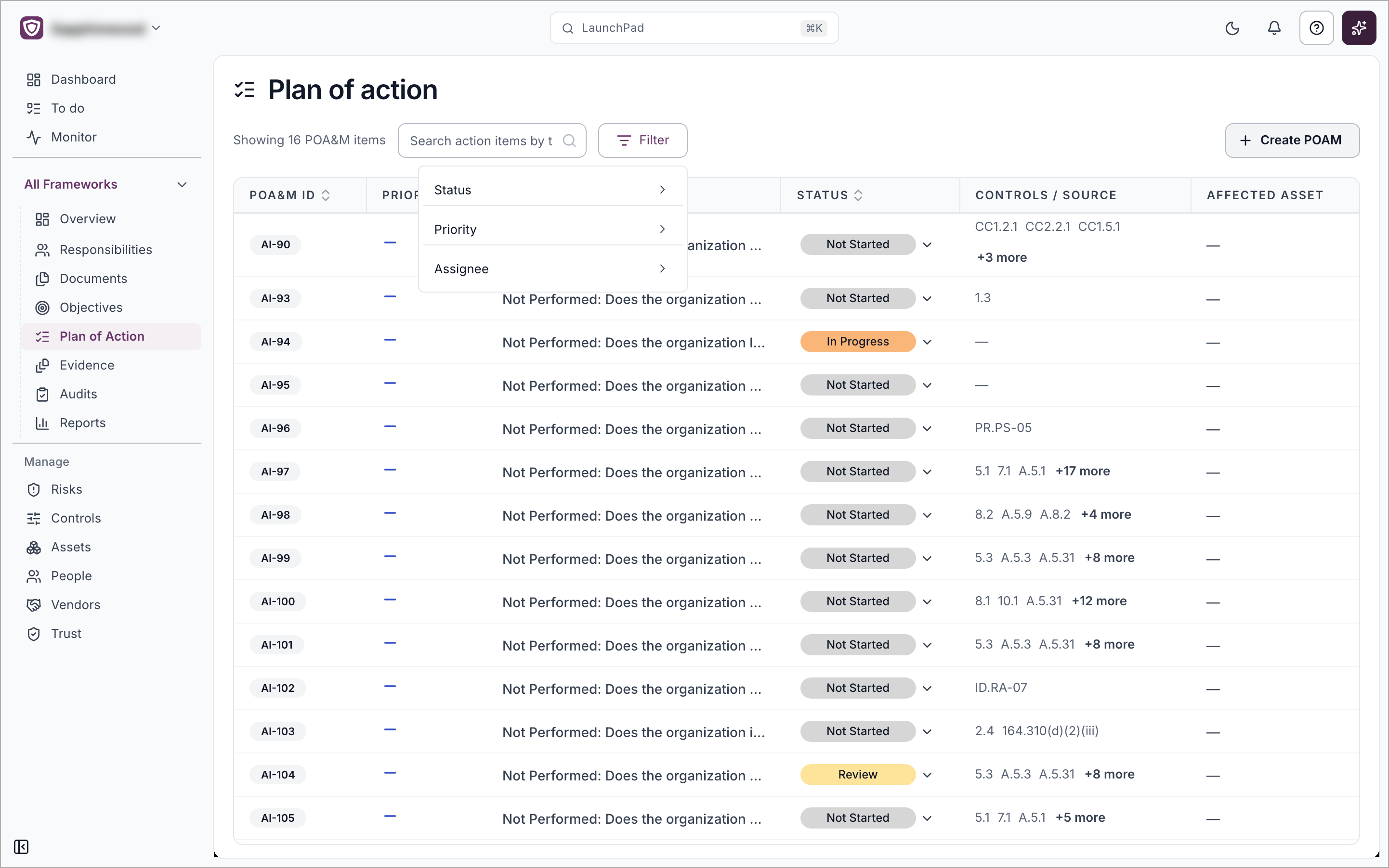 The Filter menu open, listing Status, Priority and Assignee
