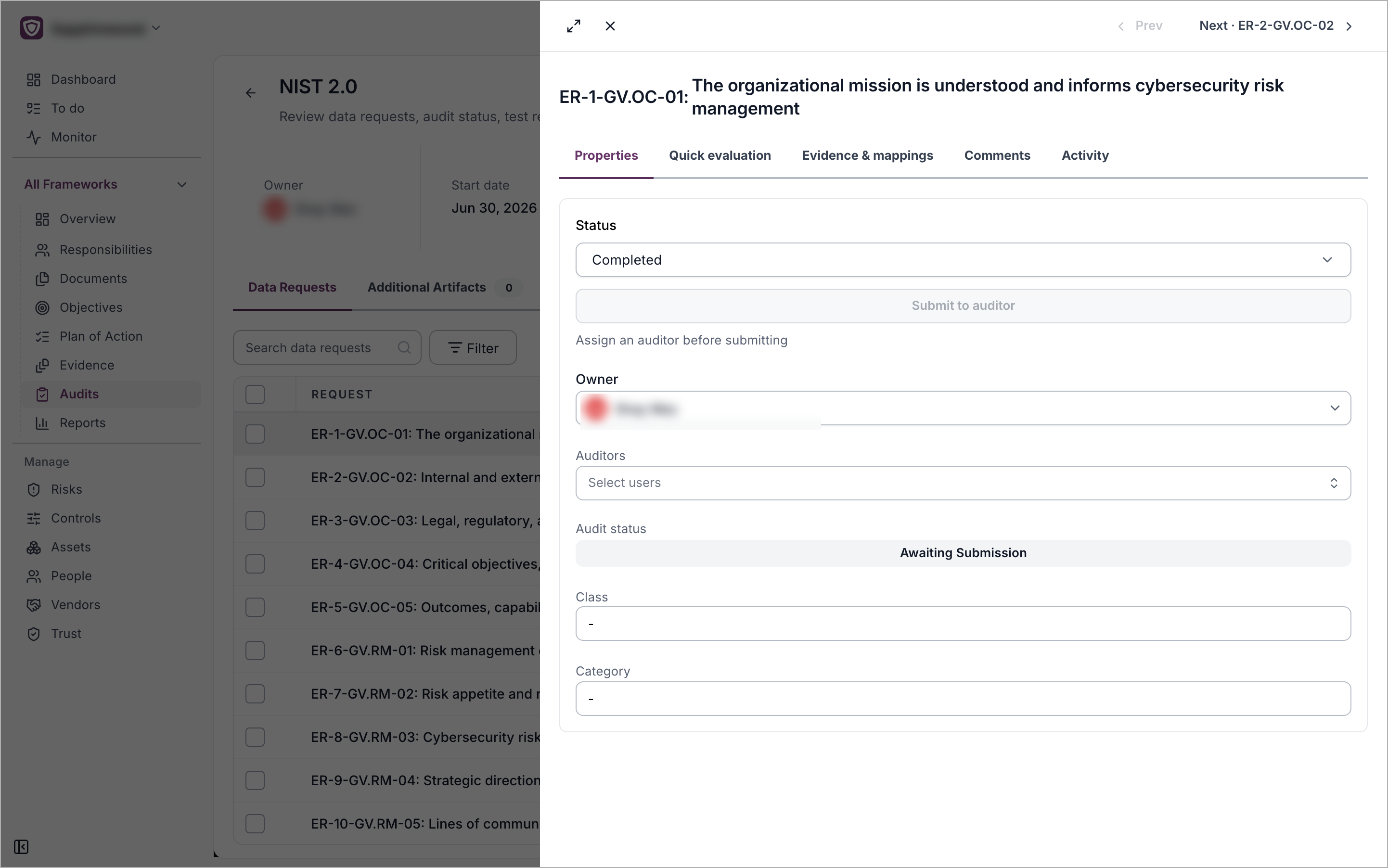 A data request open in the side panel on the Properties tab, showing Status, Submit to auditor, Owner, Auditors, Audit status, Class and Category