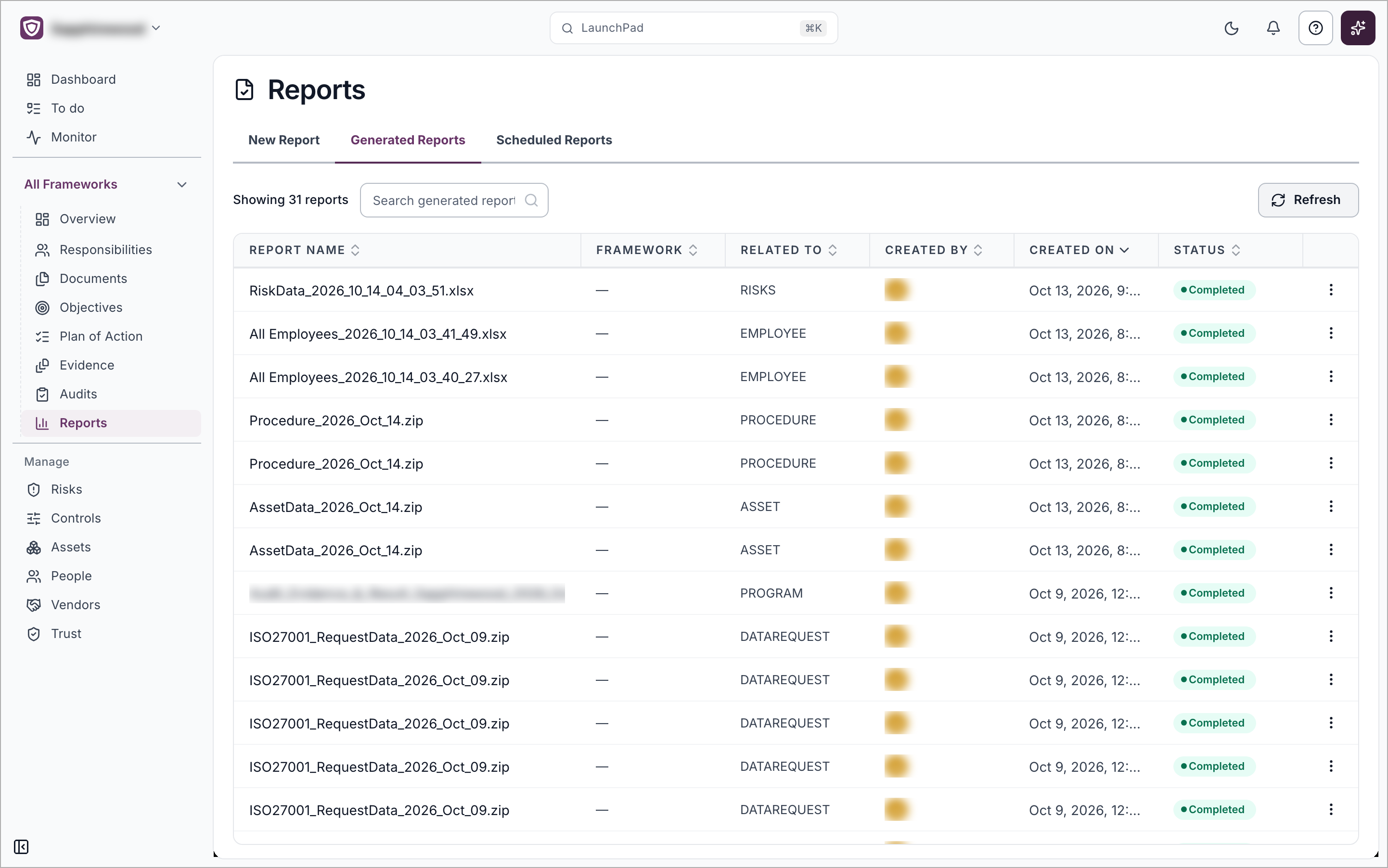 The Generated Reports tab listing files with their framework, creator, date and a Completed status