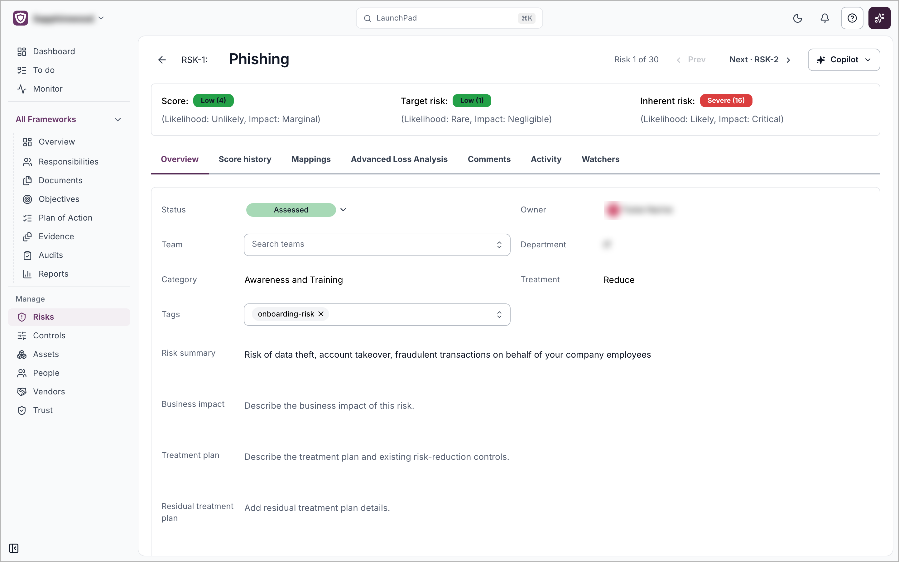 An open risk with the score strip showing Score, Target risk and Inherent risk, the seven tabs, and the Overview fields Status, Owner, Team, Department, Category, Treatment and Tags