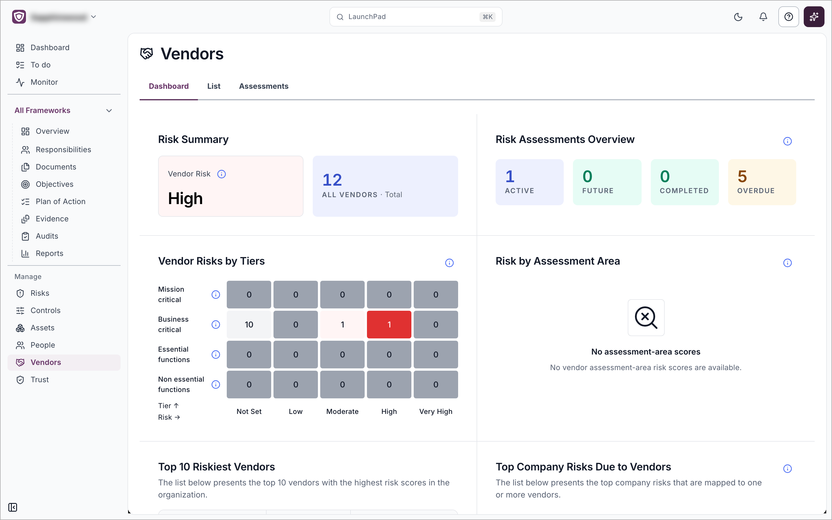 The Vendors Dashboard tab showing Risk Summary, Risk Assessments Overview and the Vendor Risks by Tiers grid