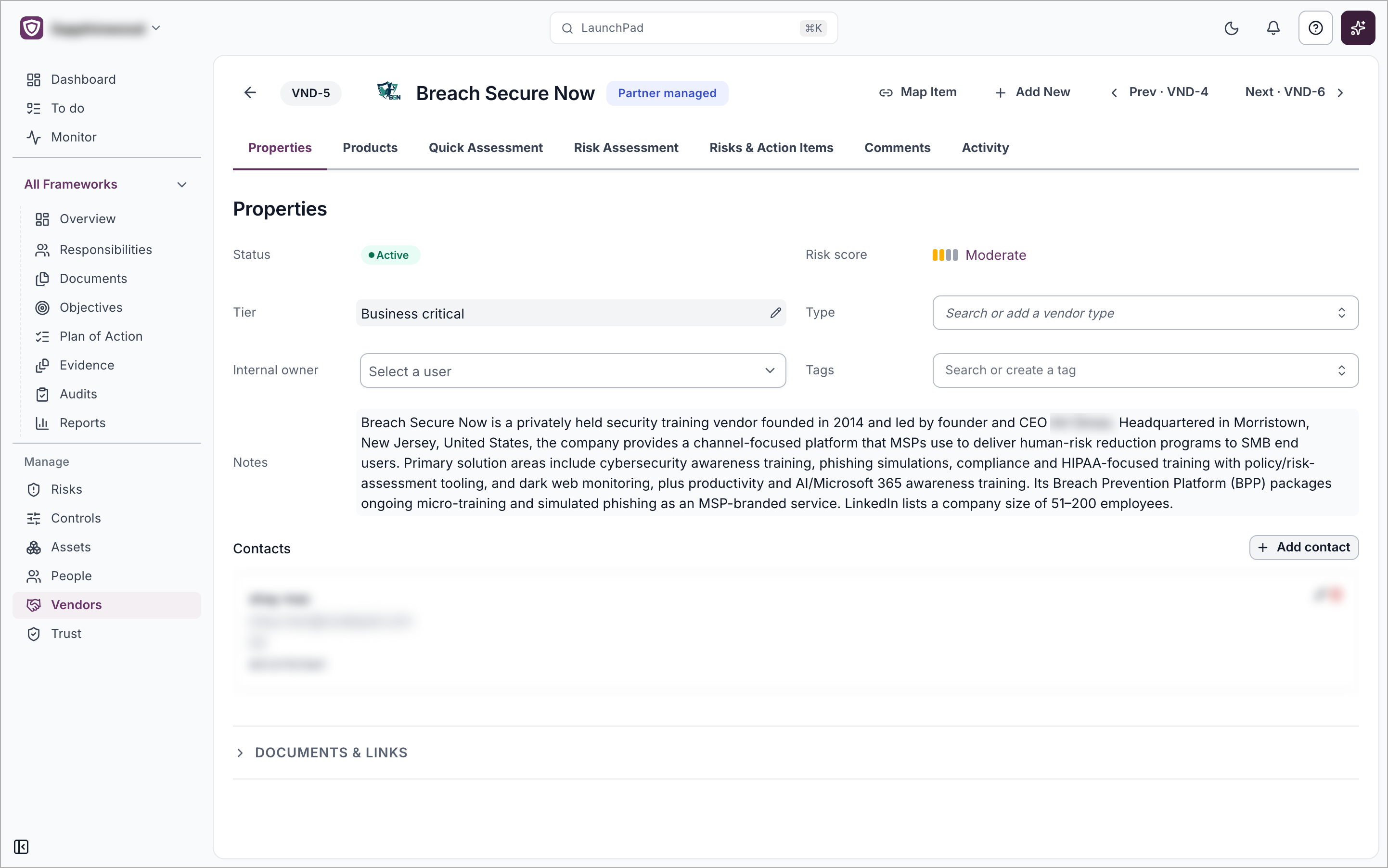 A vendor record open on the Properties tab, showing Status, Risk score, Tier, Type, Internal owner, Tags, Notes and Contacts