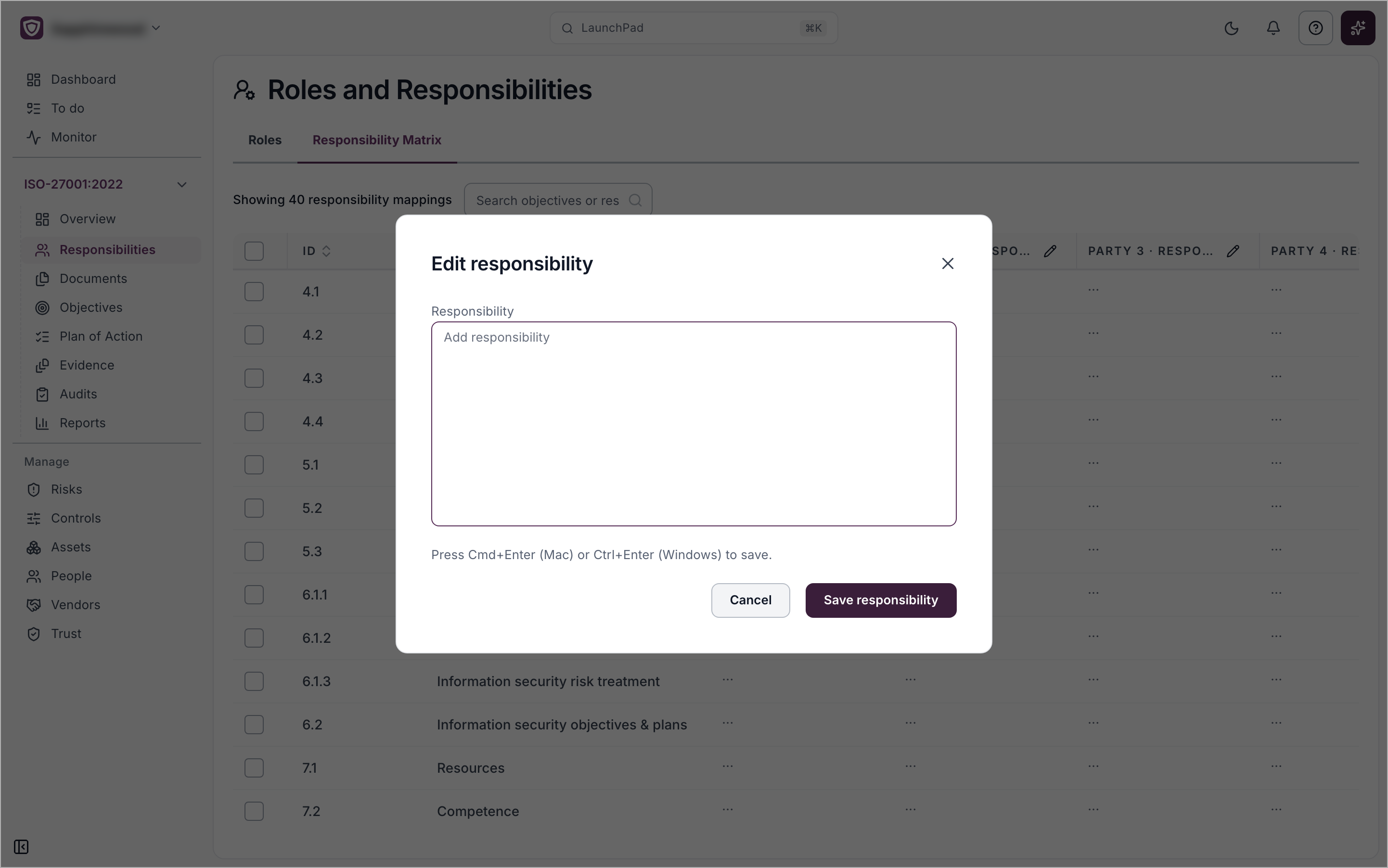 The Edit responsibility window with a Responsibility box and Save responsibility button
