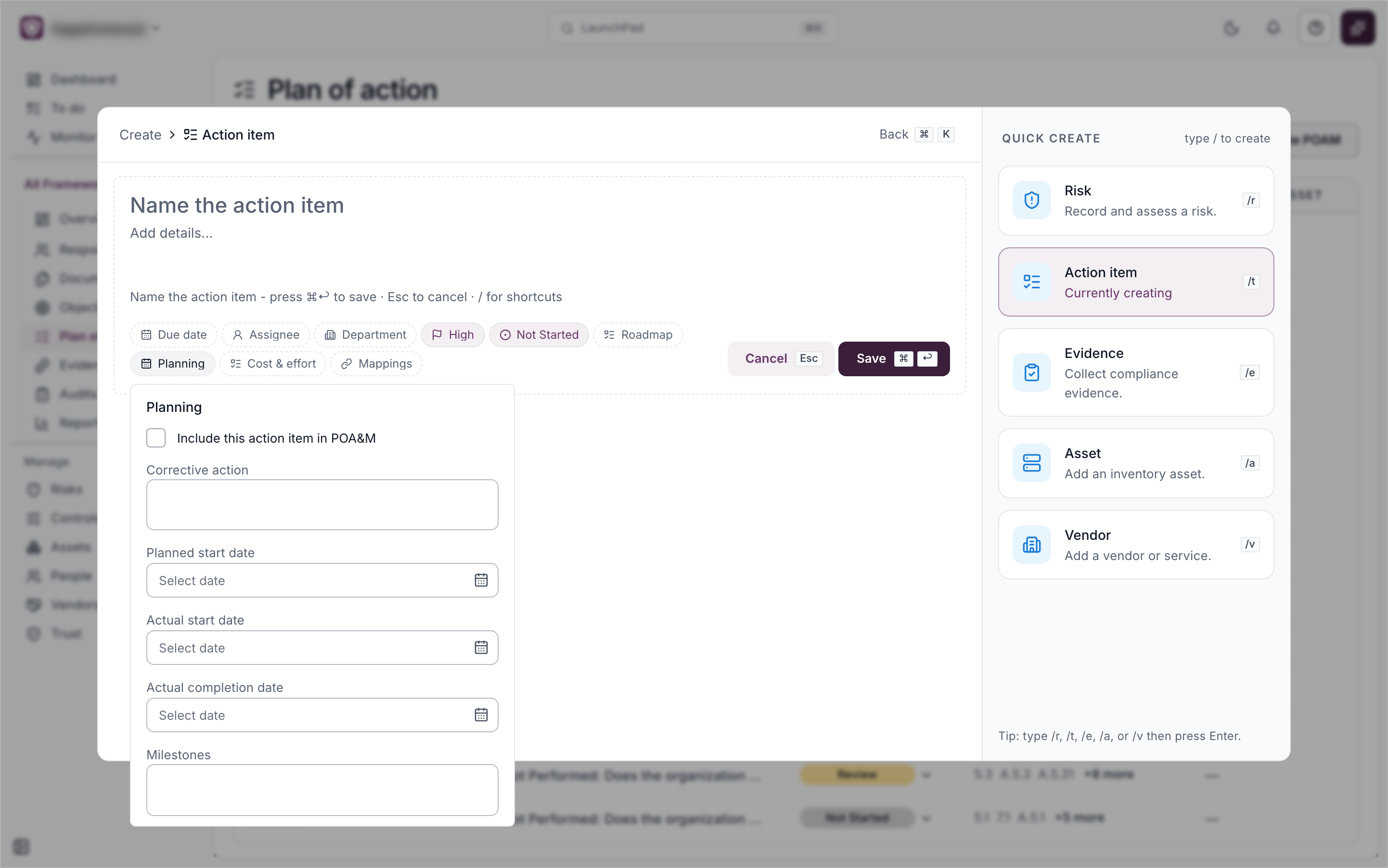 The create panel for an action item with the Planning fields open, including the Include this action item in POA&M option