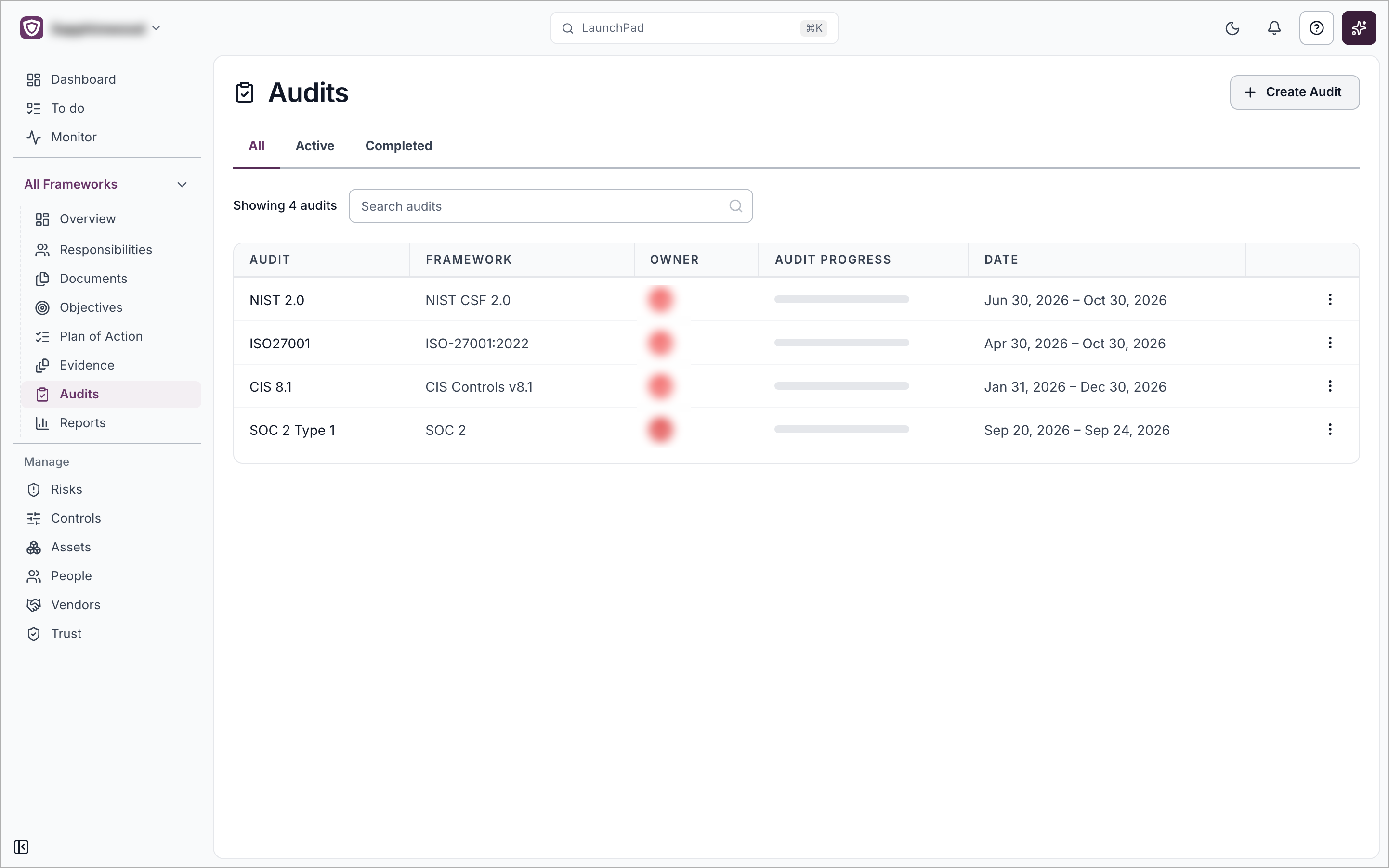 The Audits page showing the All, Active and Completed tabs, a search box and a table of audits