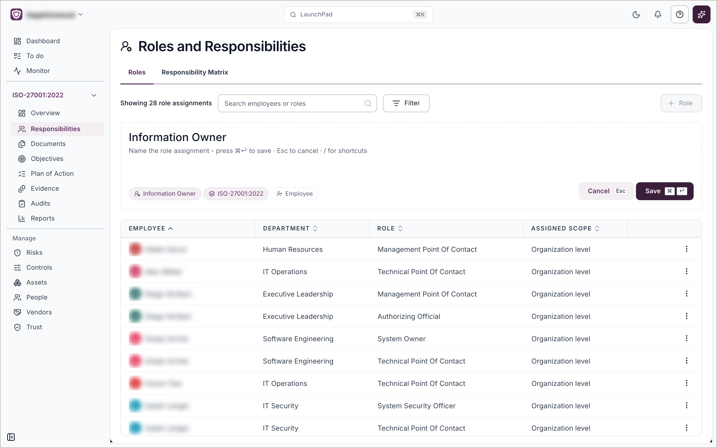 A new role assignment line showing the role, framework and Employee fields with Cancel and Save