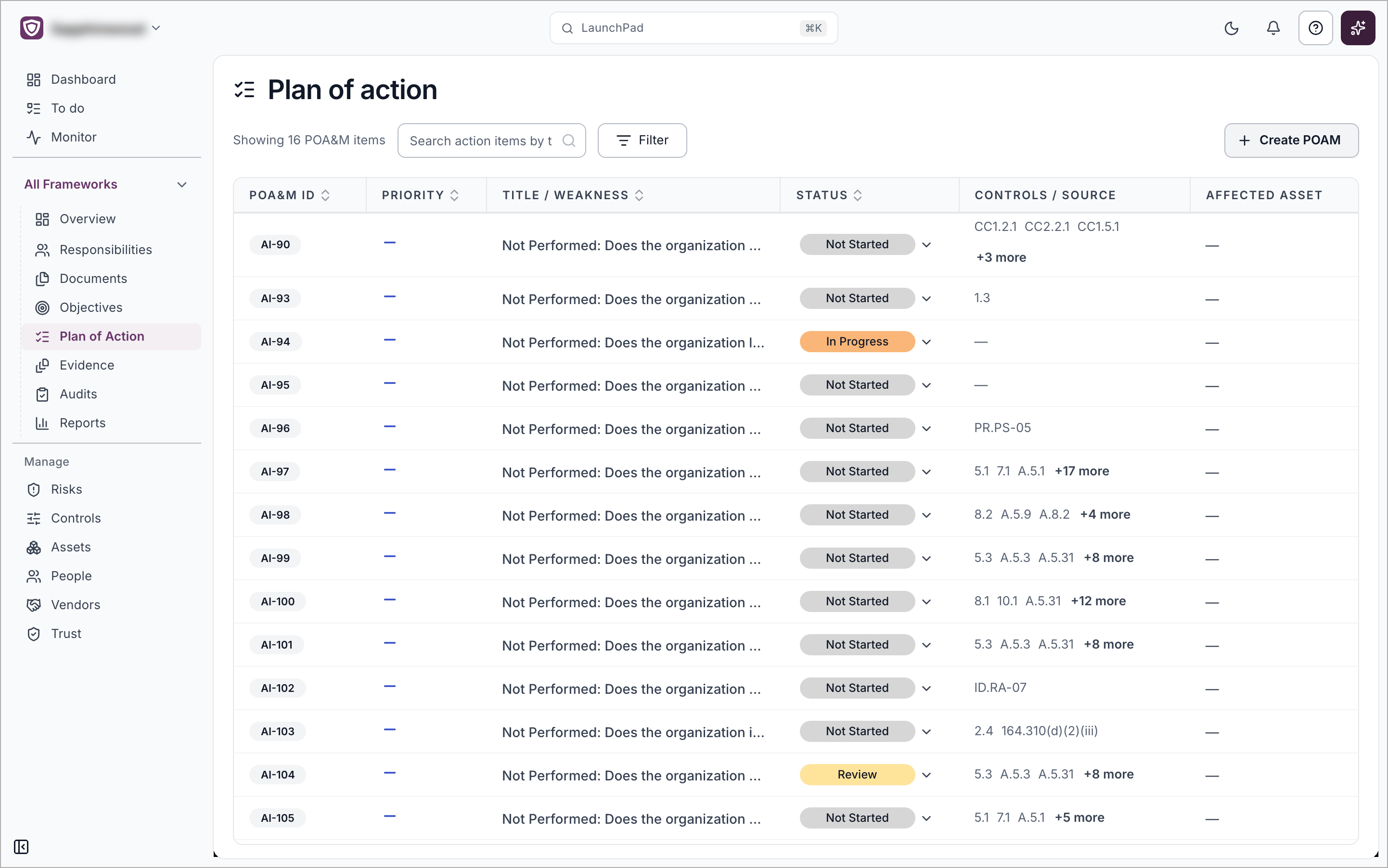 The Plan of action page with the search box, Filter and Create POAM, and a table of POA&M items