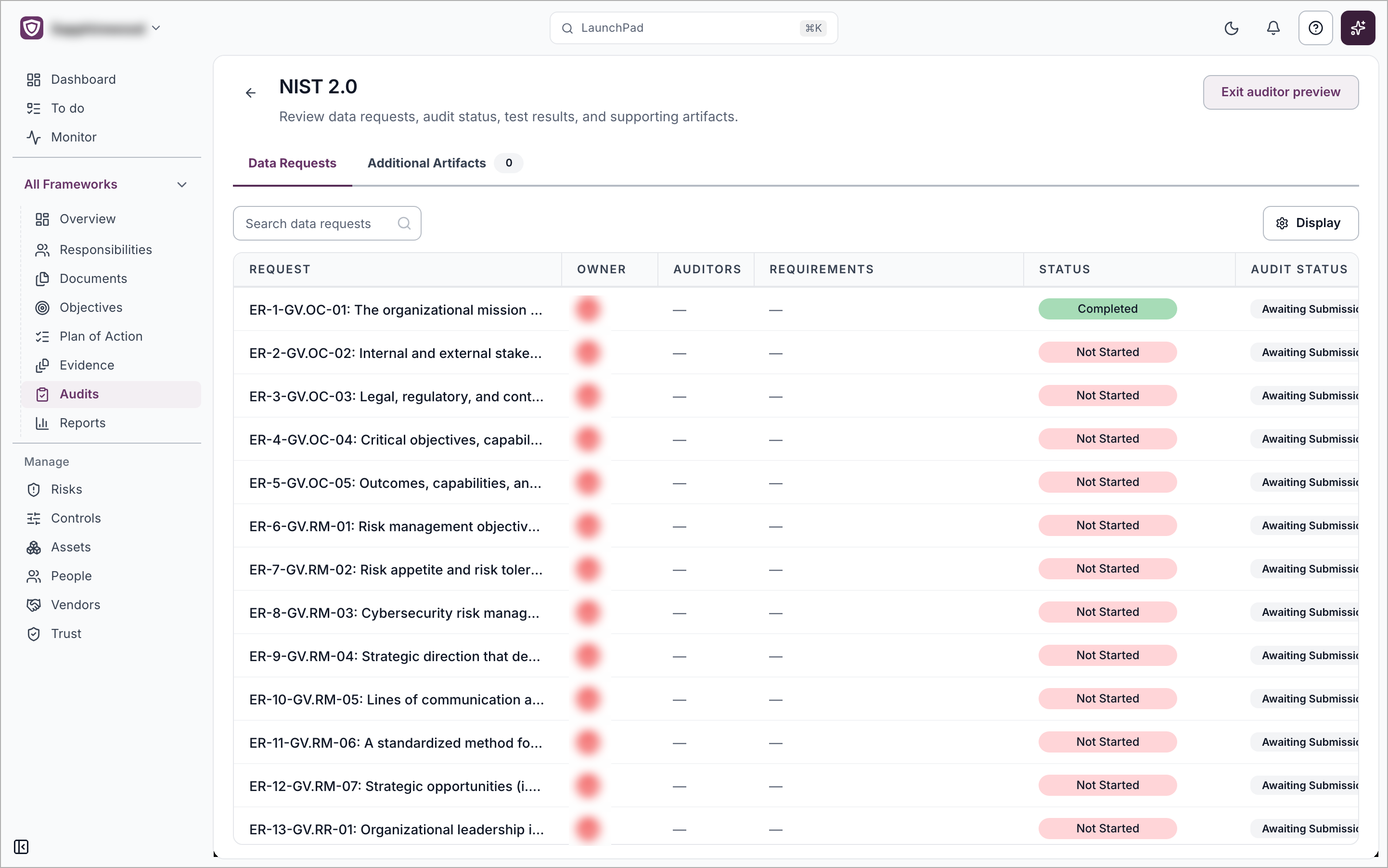 The audit page in auditor preview, with Exit auditor preview at the top right and no Filter, Export All or New data request buttons