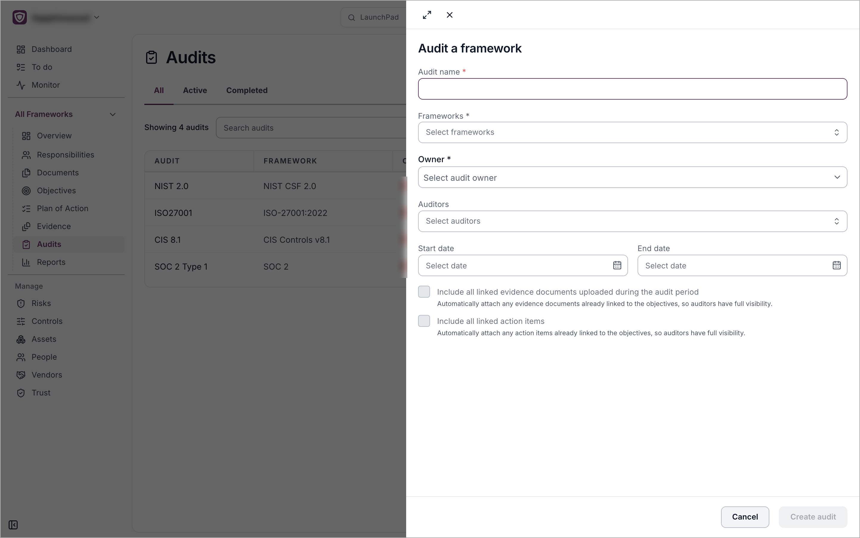 The Audit a framework panel with fields for audit name, frameworks, owner, auditors, start and end dates, and two Include options
