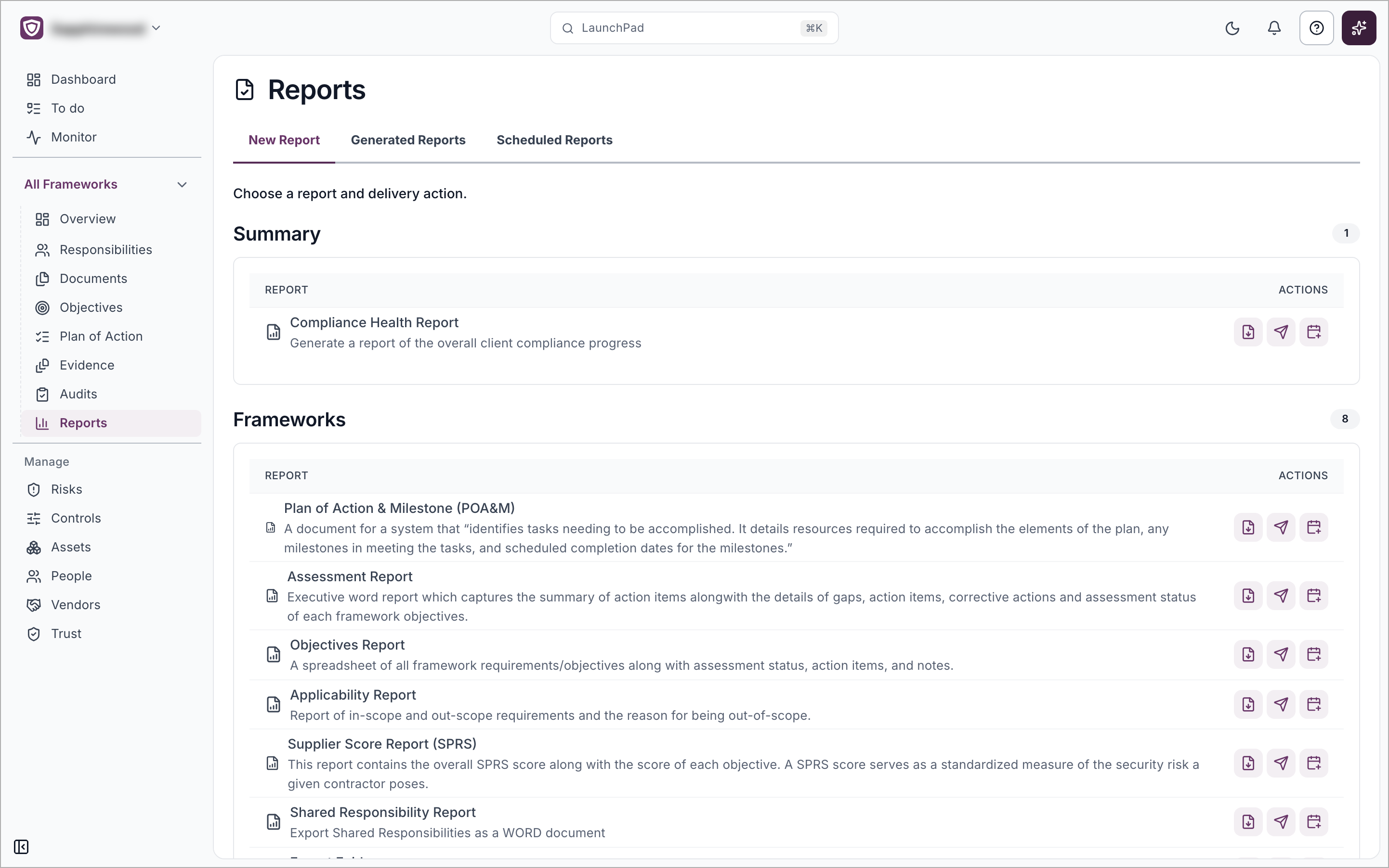 The New Report tab listing the Compliance Health Report and framework reports, each with Download, Email and Schedule icons