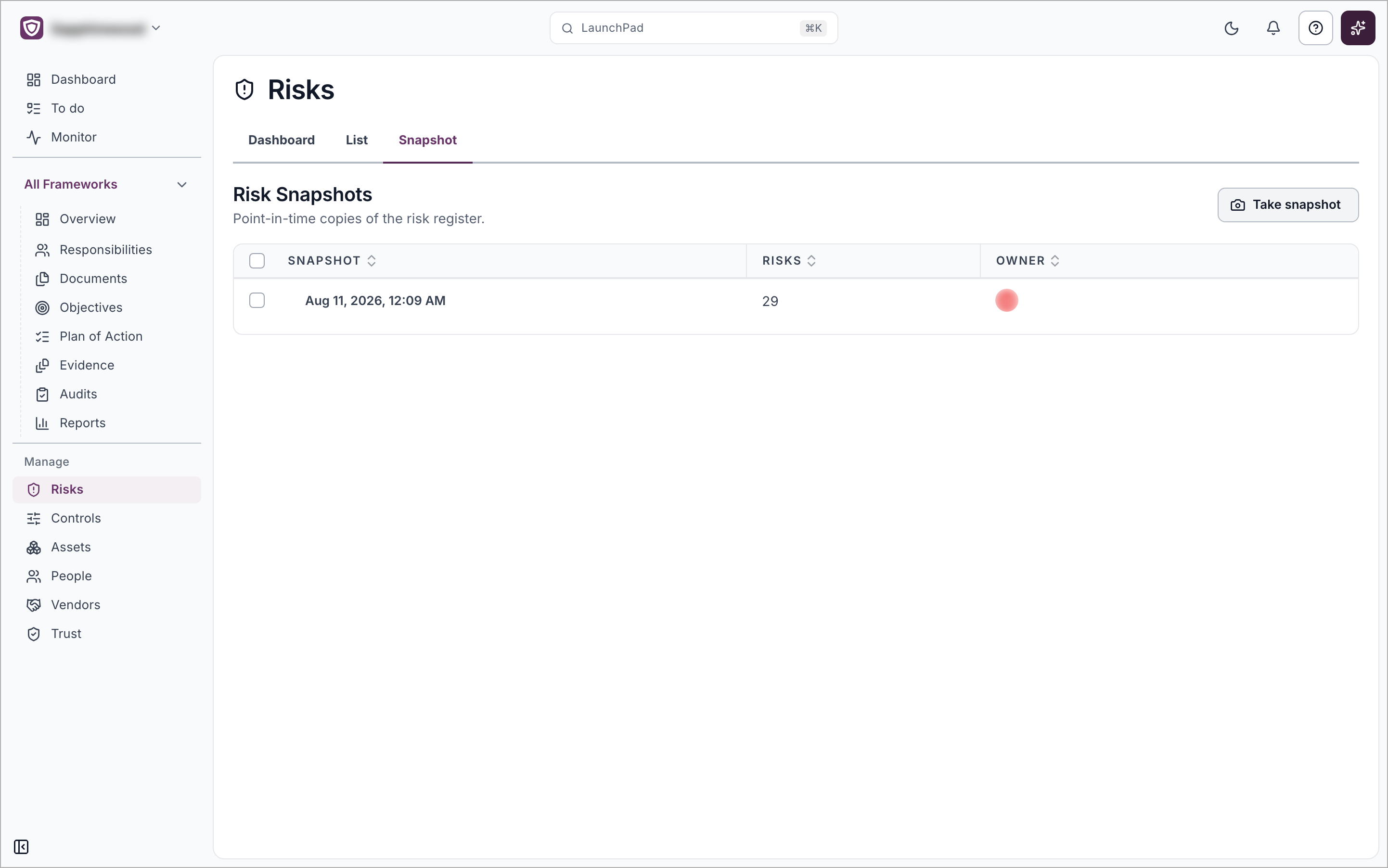 The Risk Snapshots tab with the text Point-in-time copies of the risk register, the Take snapshot button, and a table with the columns Snapshot, Risks and Owner