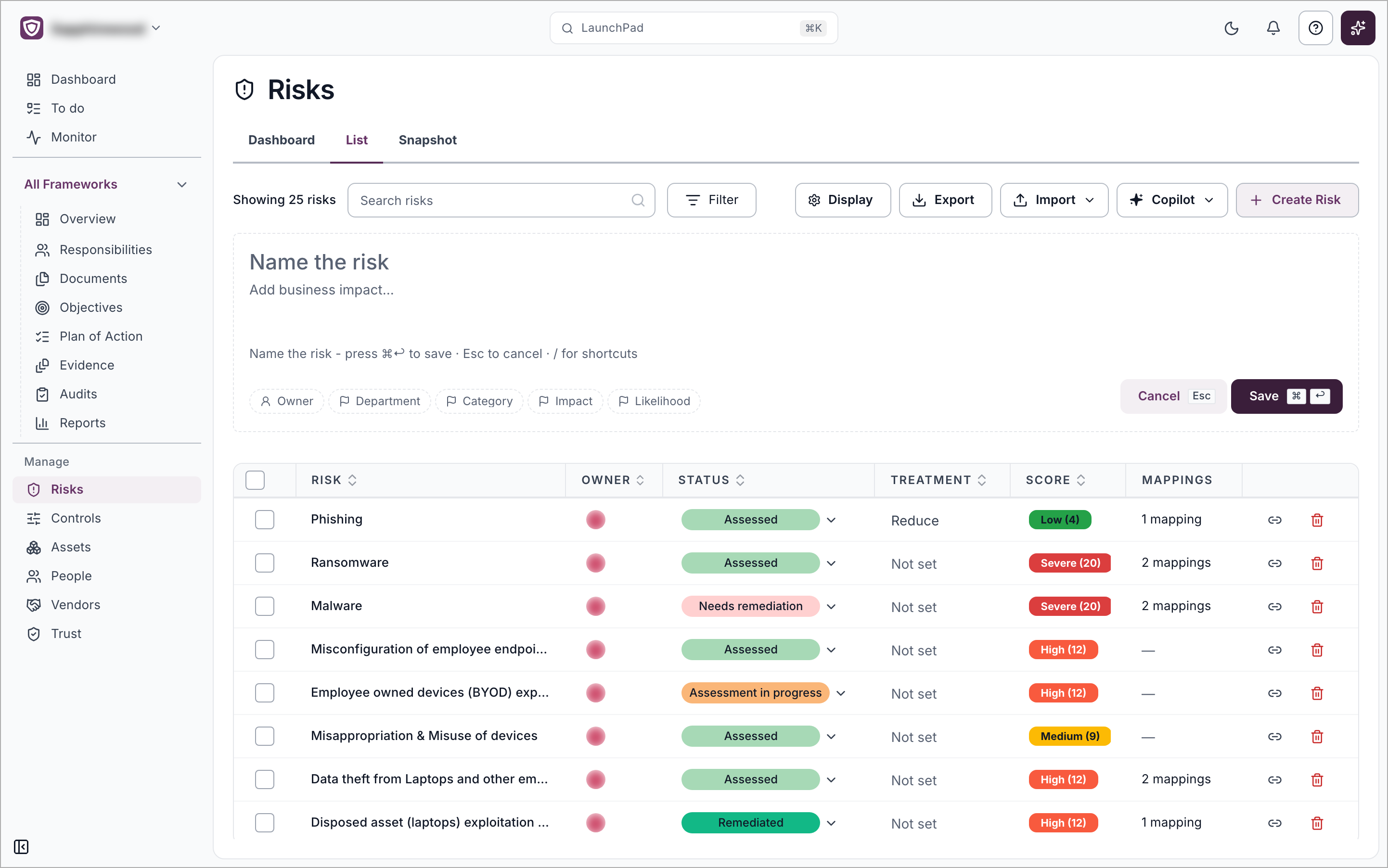 The Create Risk form open above the risk list, with Name the risk, Add business impact, the chips Owner, Department, Category, Impact and Likelihood, and the Cancel and Save buttons