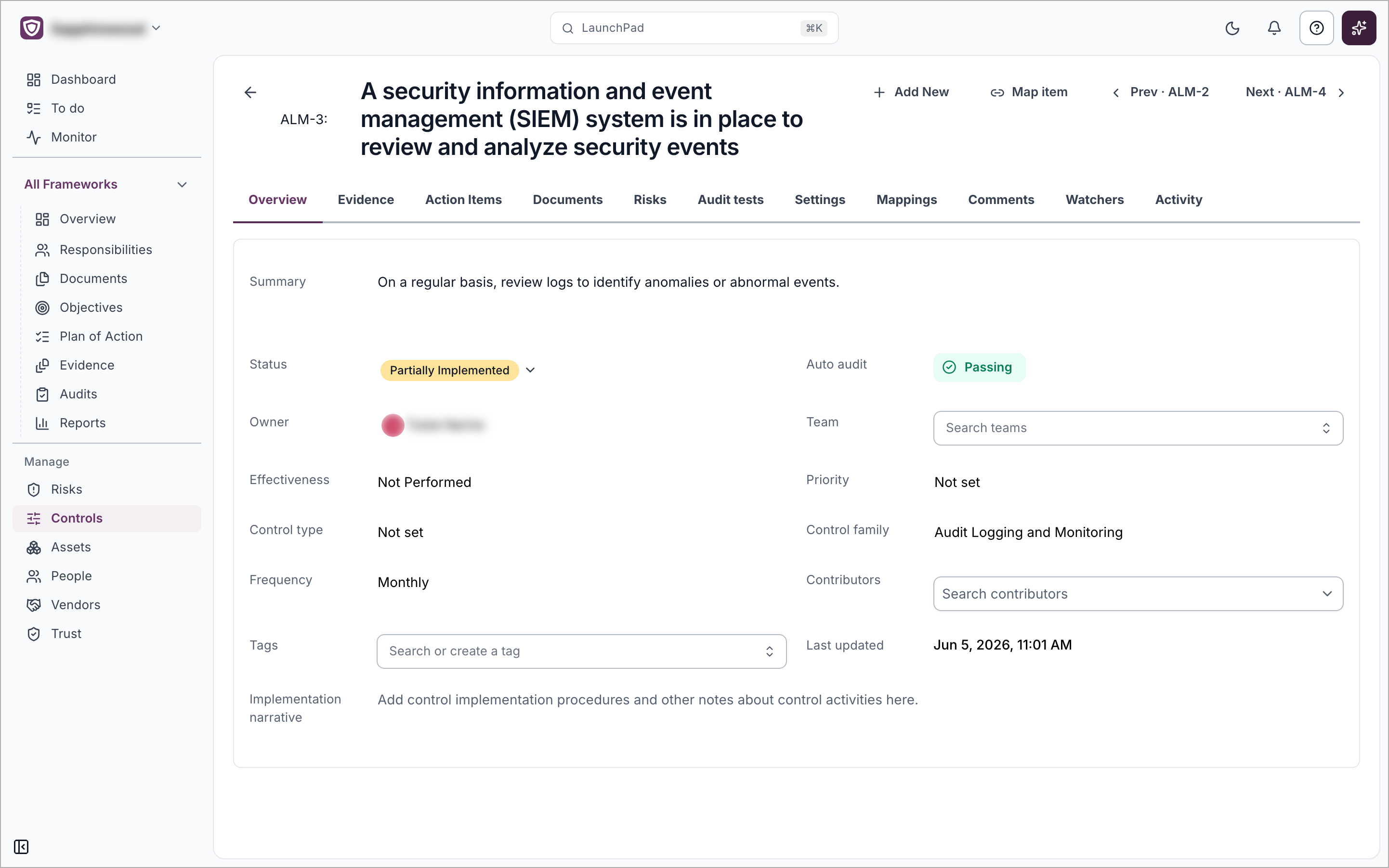 A control opened on the Overview tab, showing its summary, status, auto audit result, owner and other details