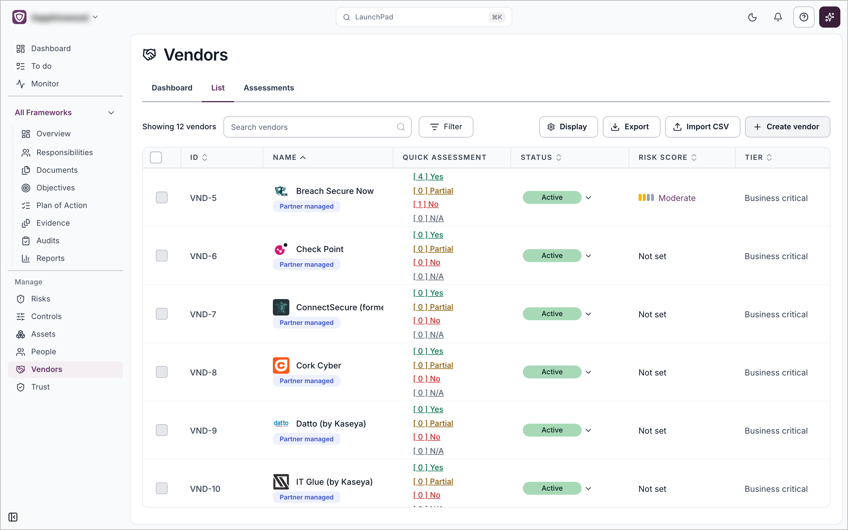 The Vendors List tab with the search box, Filter, Display, Export, Import CSV and Create vendor buttons above the vendor table