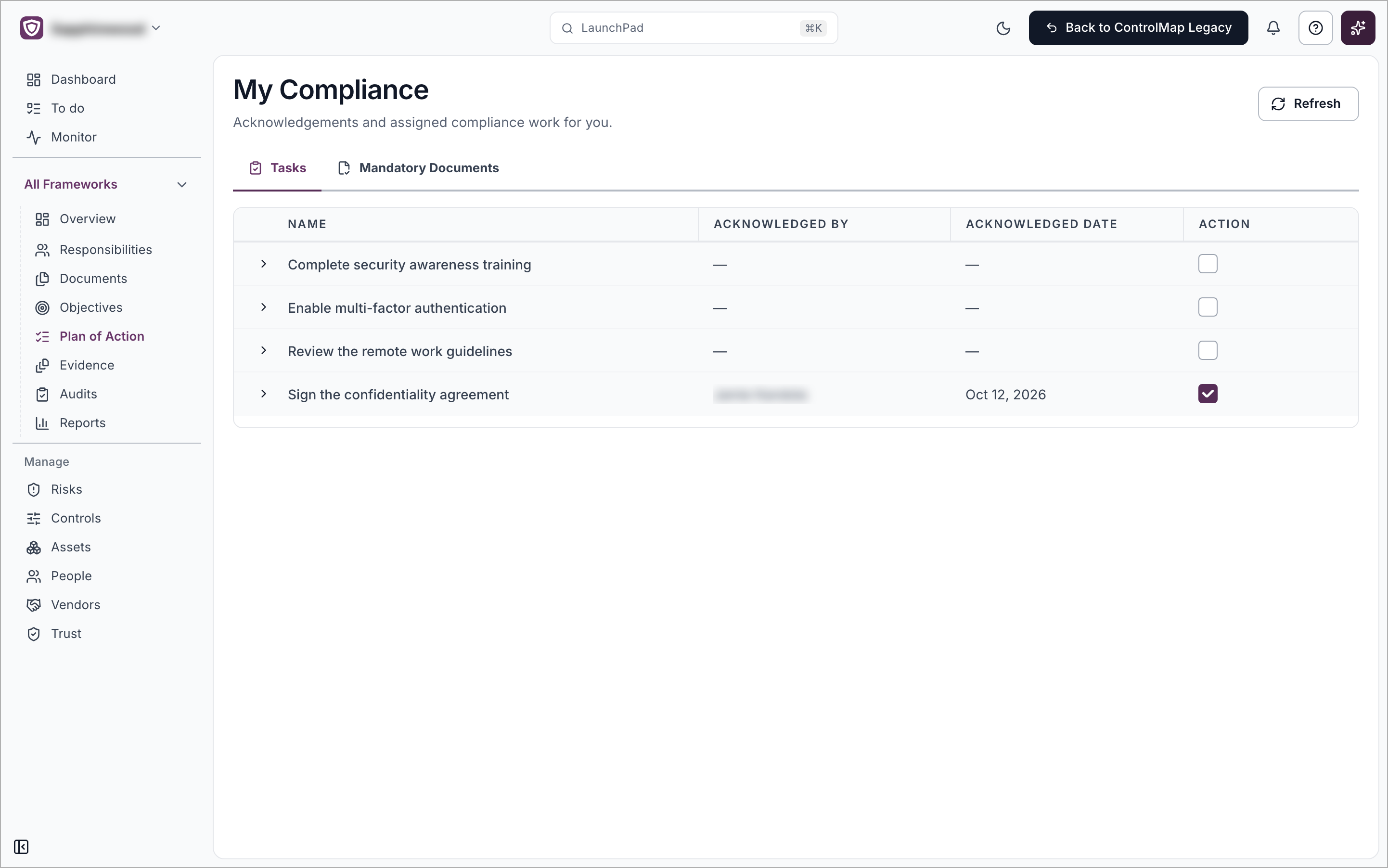The My Compliance page with the Tasks tab open, listing tasks with the columns Name, Acknowledged By, Acknowledged Date and Action