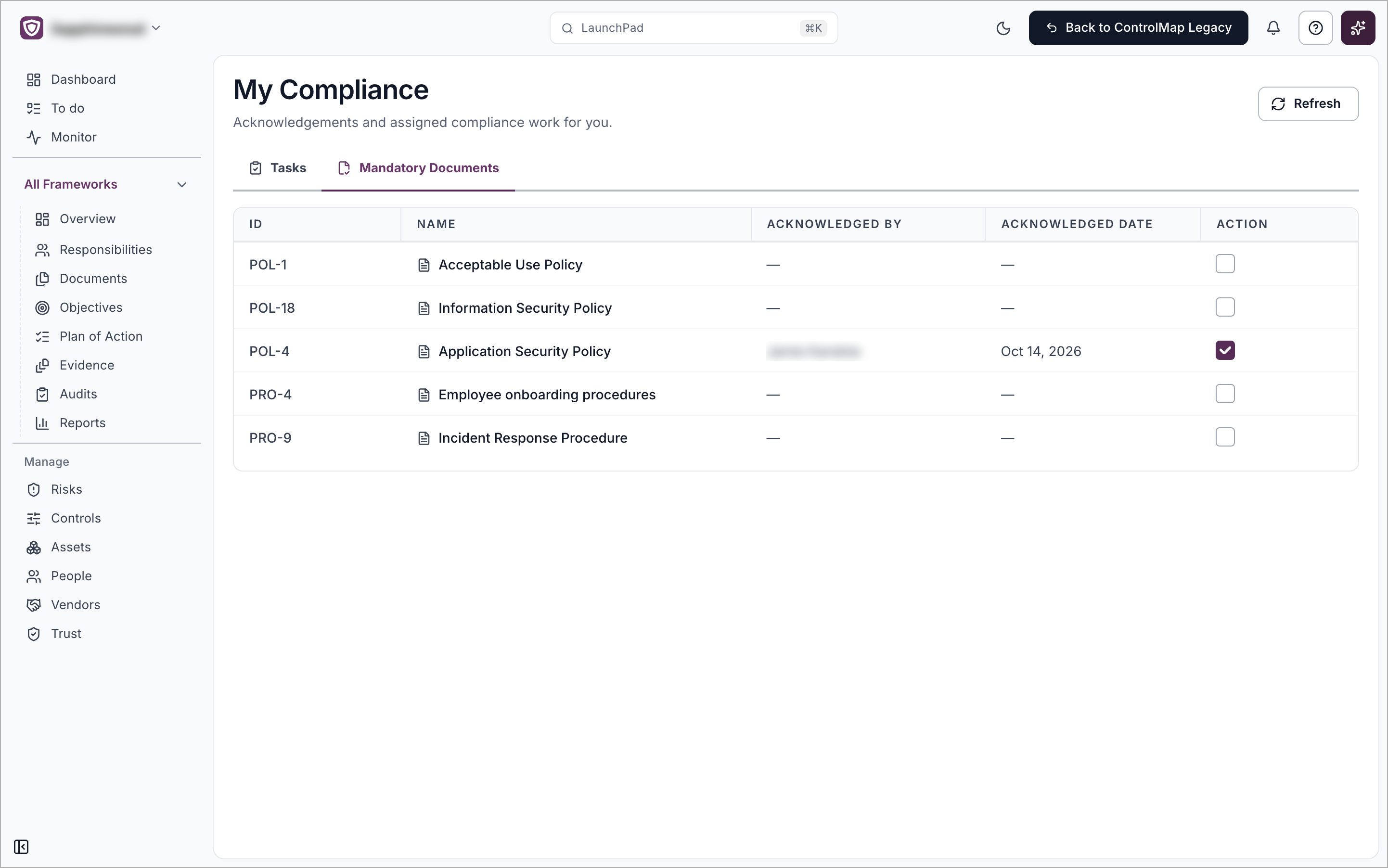 The Mandatory Documents tab open, listing documents with the columns ID, Name, Acknowledged By, Acknowledged Date and Action
