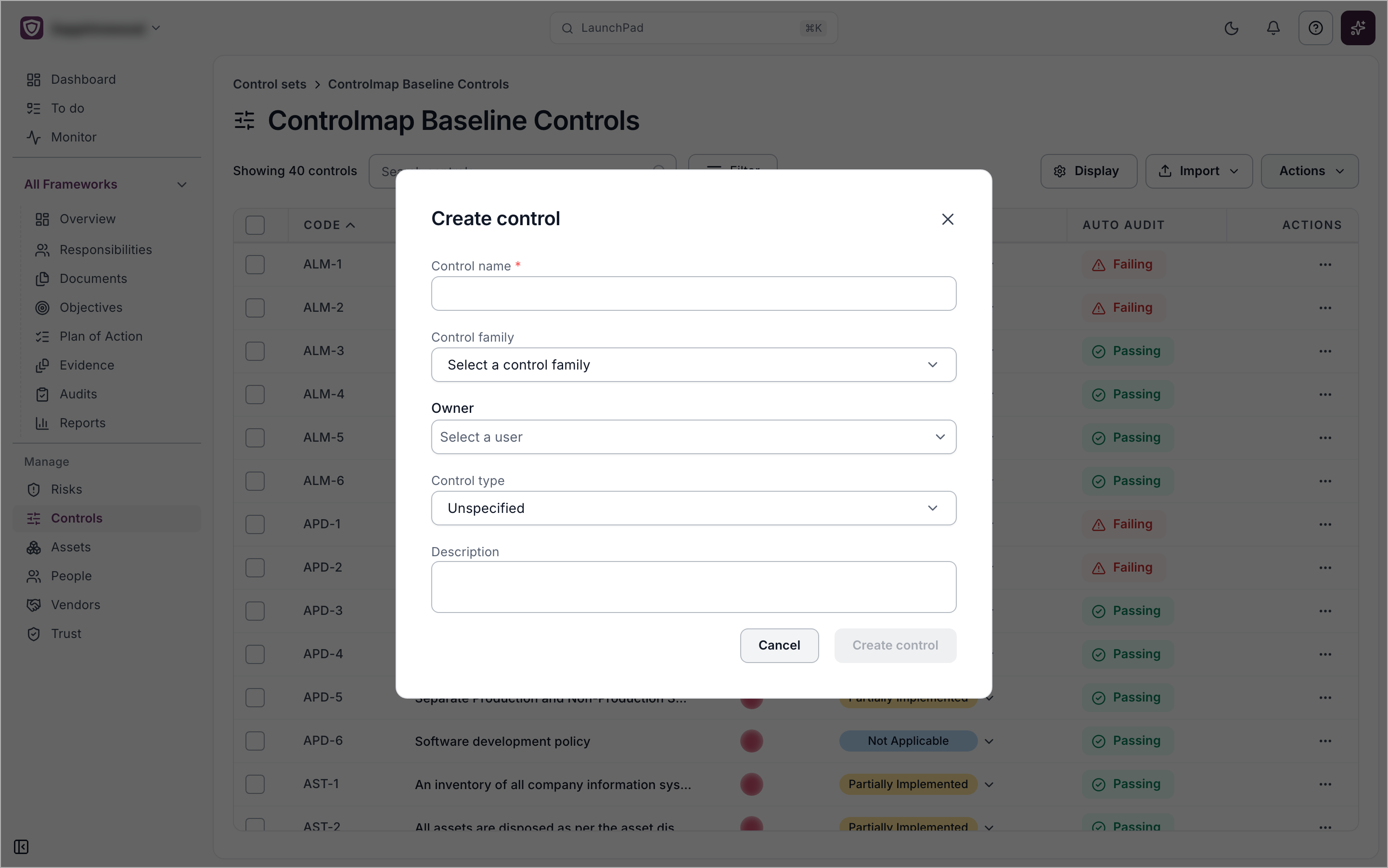 The Create control dialog with fields for control name, control family, owner, control type and description
