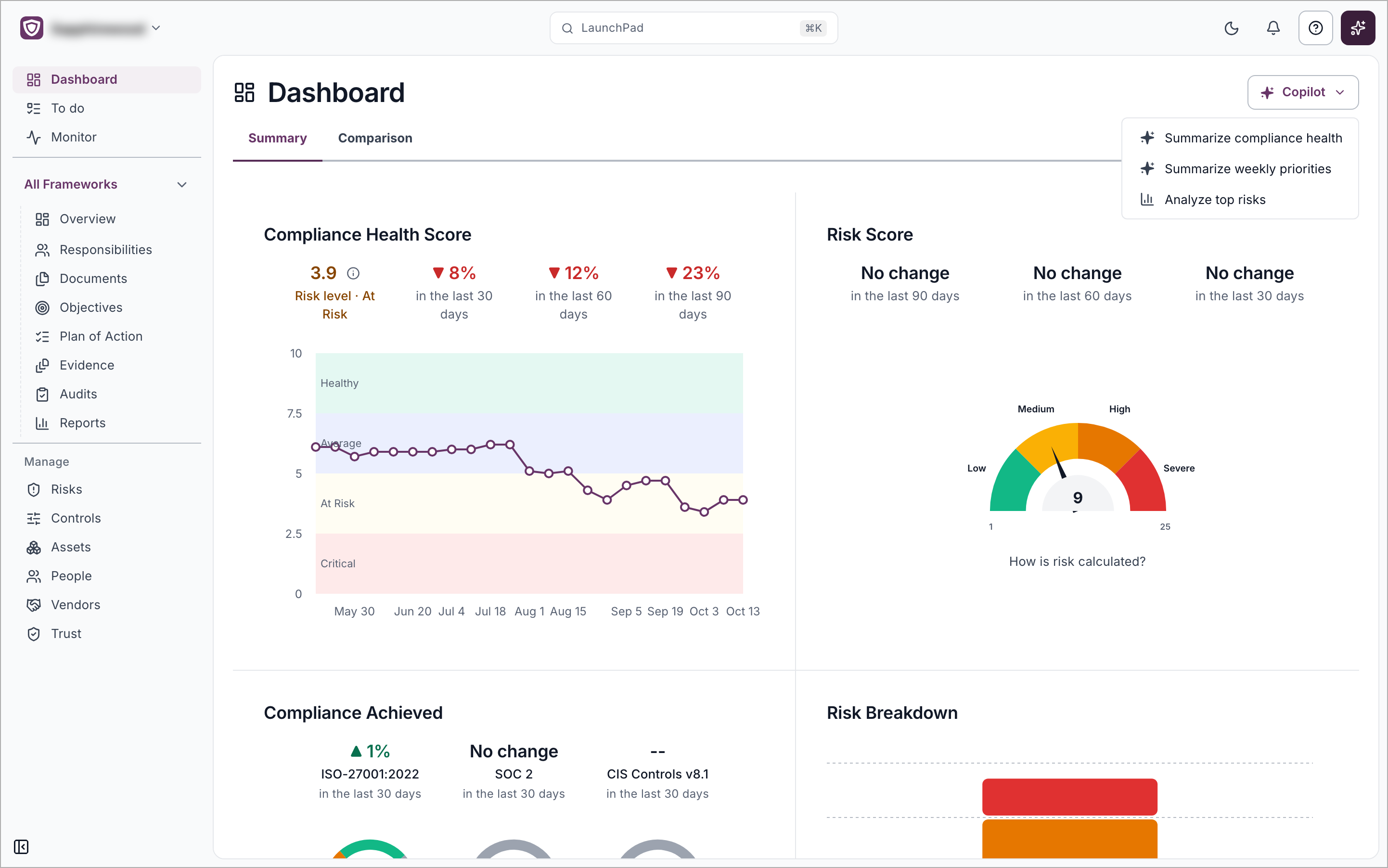 The Copilot menu open on the Dashboard
