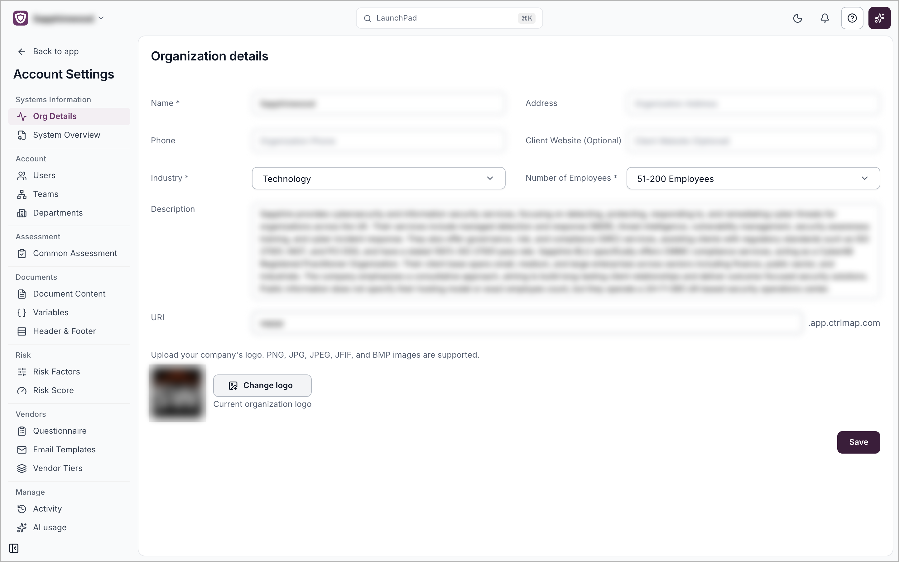 The Organization details page in Account Settings with the company fields, URI and logo