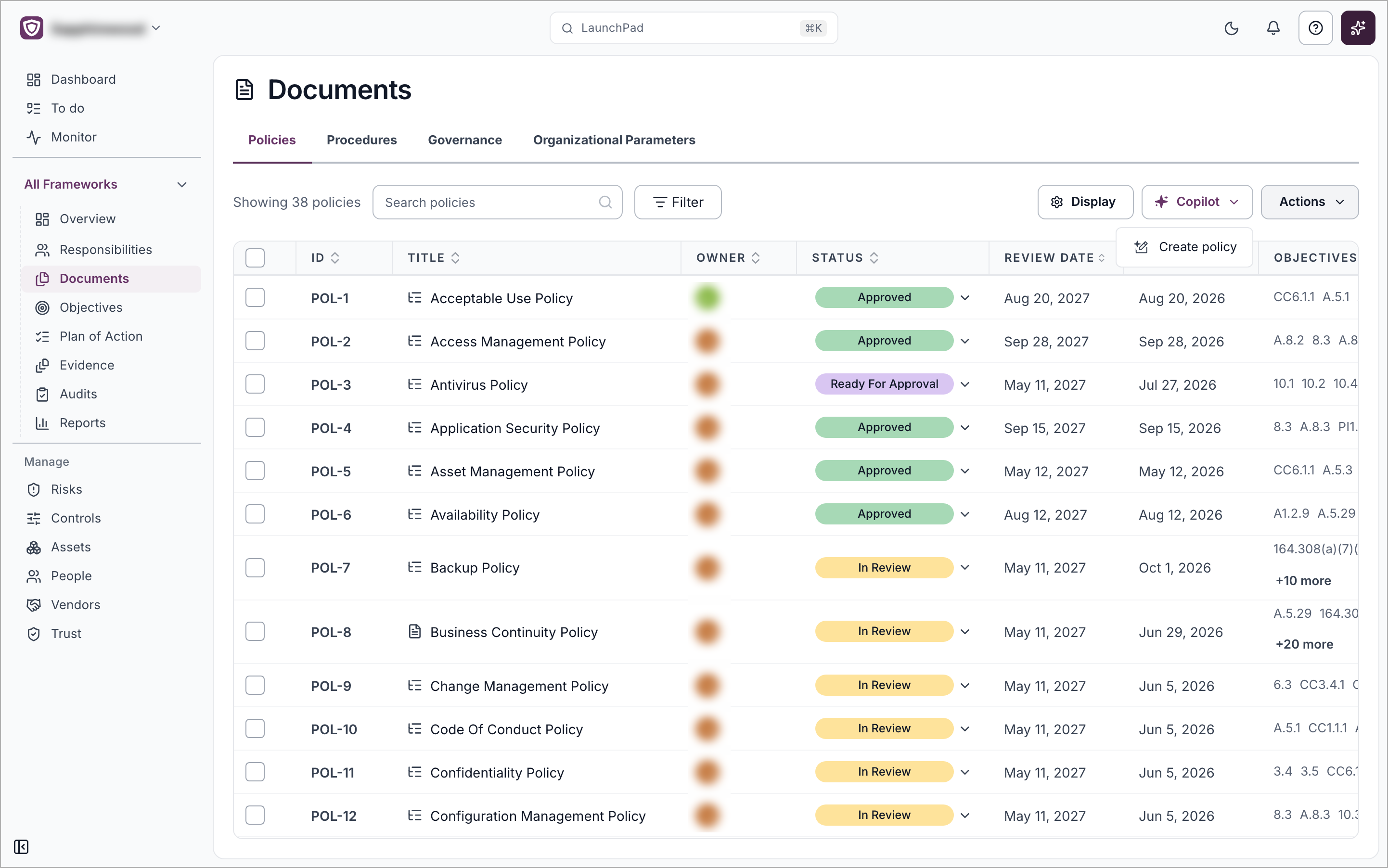 The Copilot menu open on the Policies tab of Documents