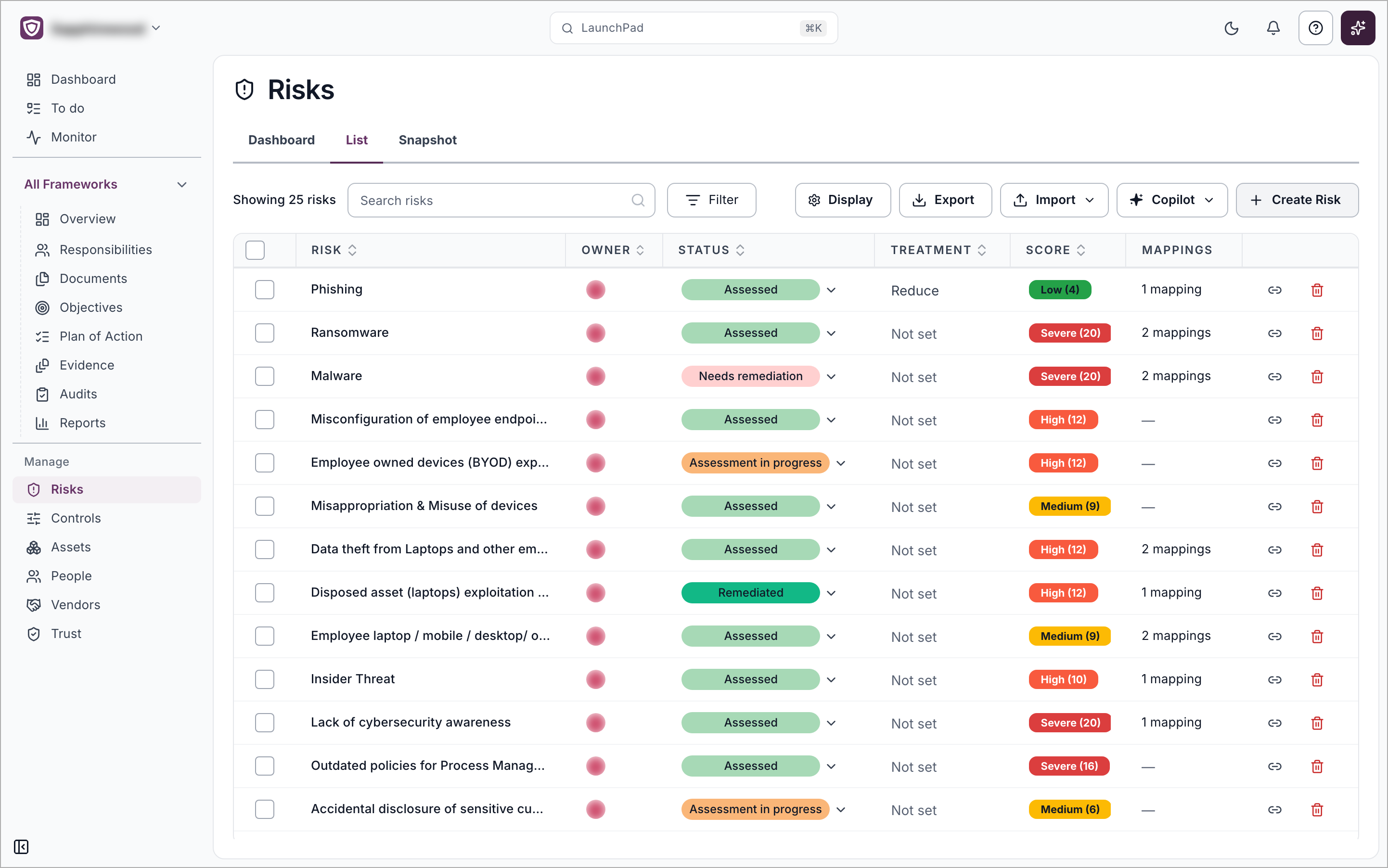 The Risks List tab with the toolbar buttons Filter, Display, Export, Import, Copilot and Create Risk, and a table with the columns Risk, Owner, Status, Treatment, Score and Mappings
